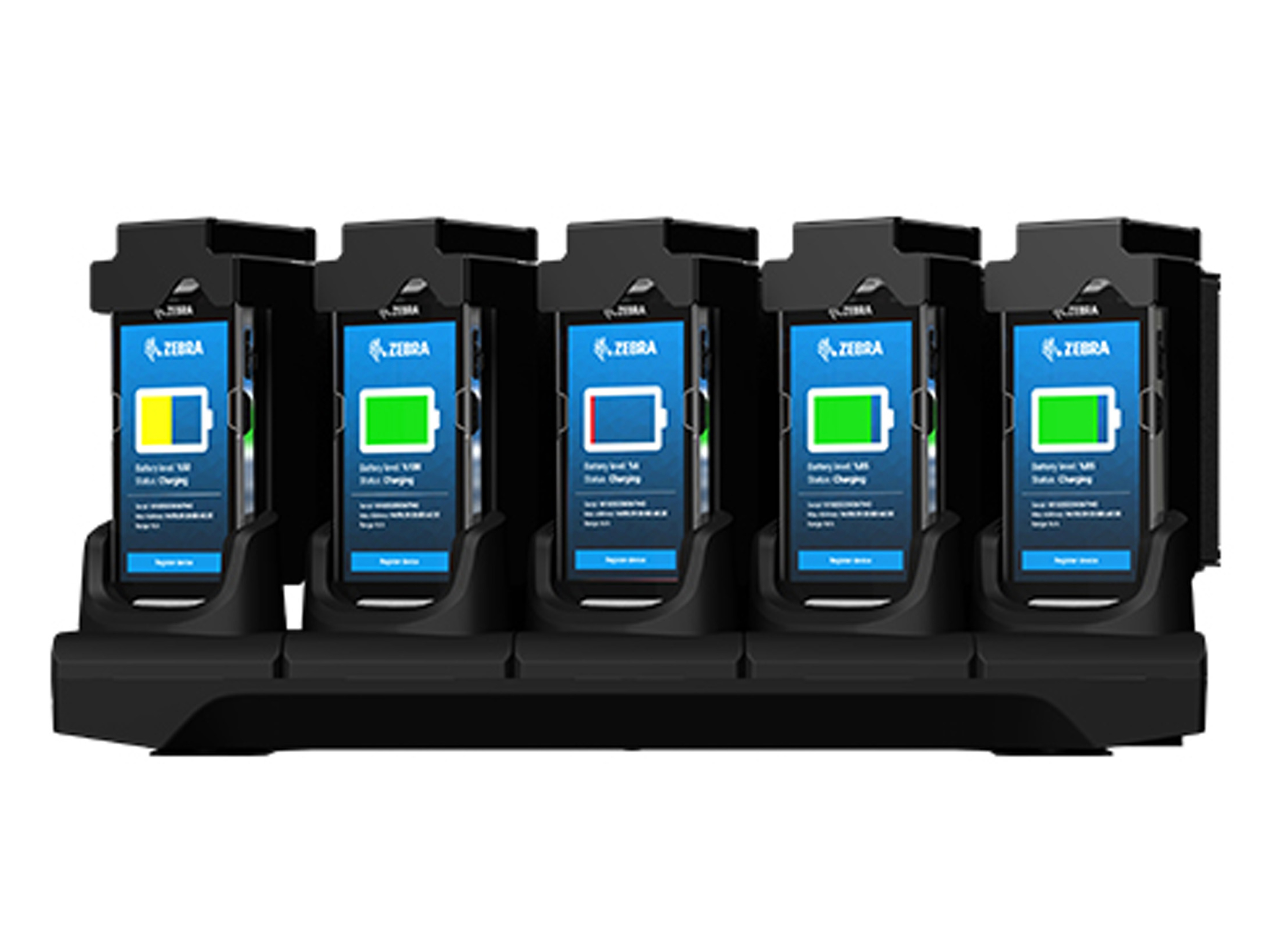 Zebra mobile computers docked in a cradle lock charging and storage configuration.