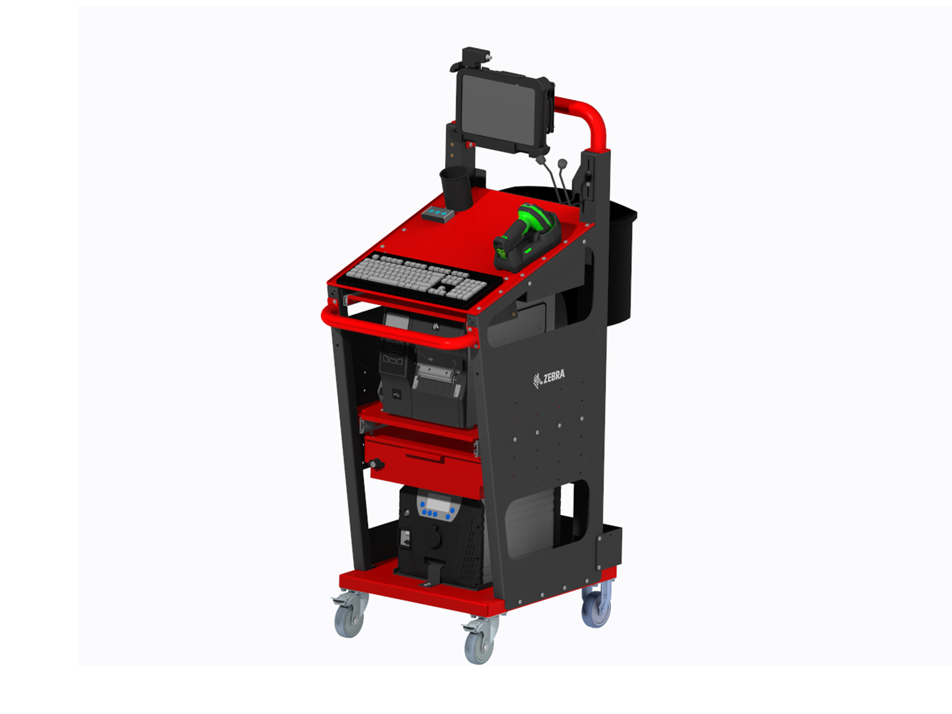 A rugged mobile cart with a computer station and a Zebra scanner docked for storage.