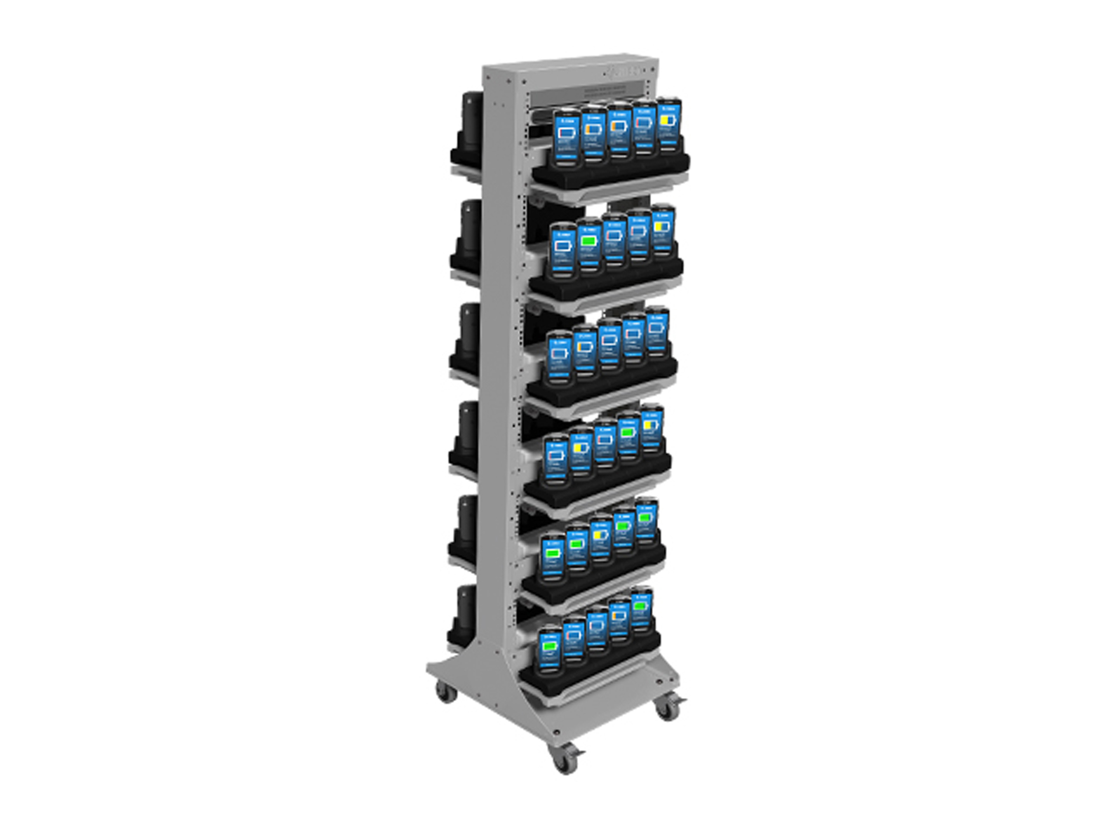 Zebra mobile computers docked in a open rack storage solution.