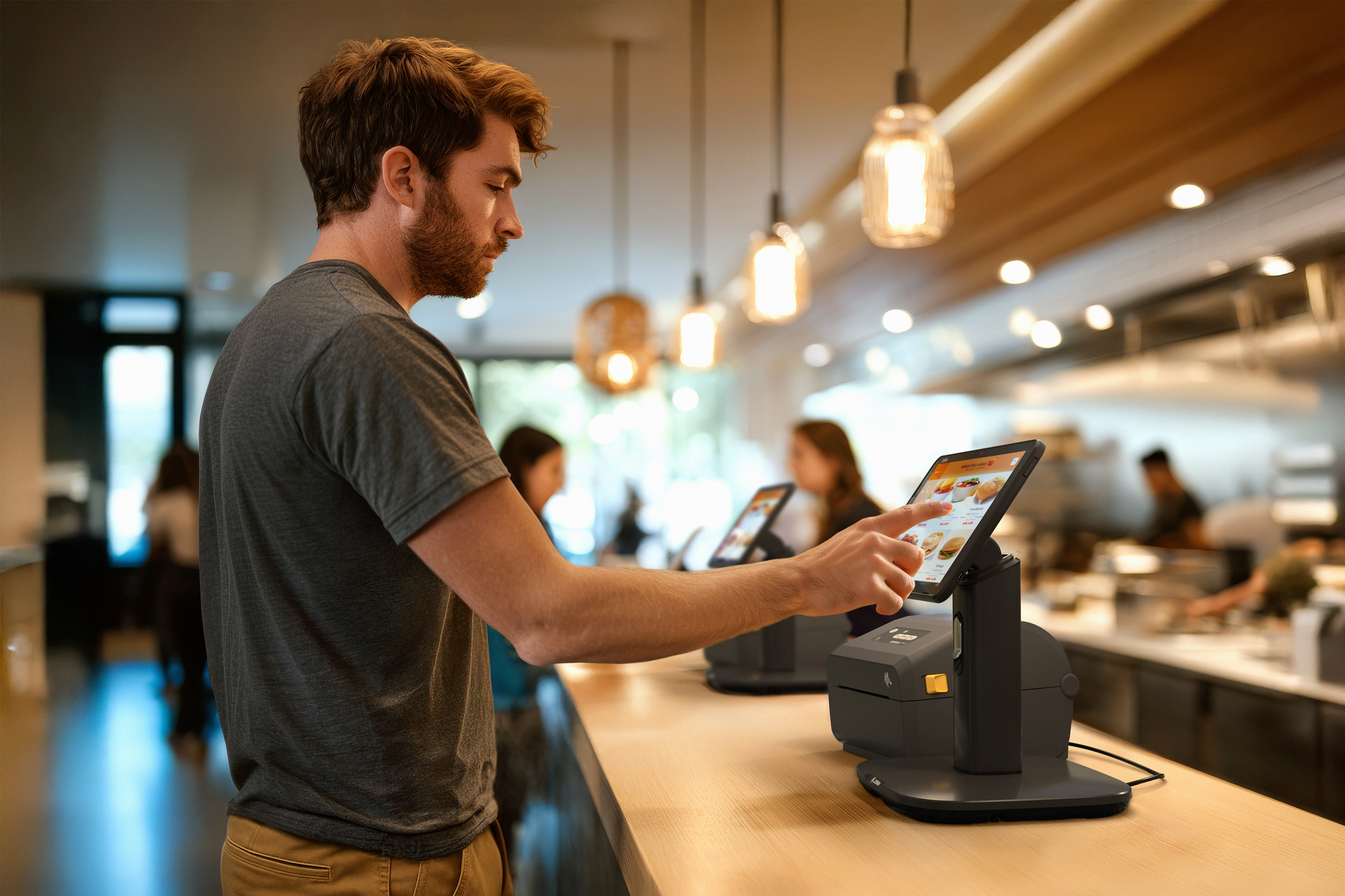Man standing at a restaurant service counter, choosing his meal on an ET401 tablet screen and payment. A ZD421 desktop printer is positioned to print customer receipts.