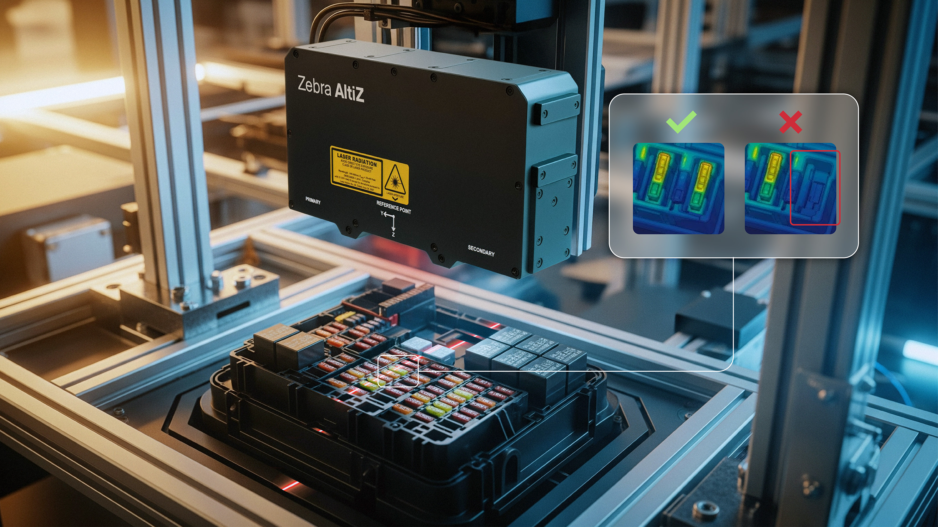 AltiZ 3D Profile Sensor uses multi-view laser triangulation to generate precise height maps, ensuring accurate fuse alignment and standoff by detecting defects like tilted caps or incomplete insertions that 2D systems might miss.