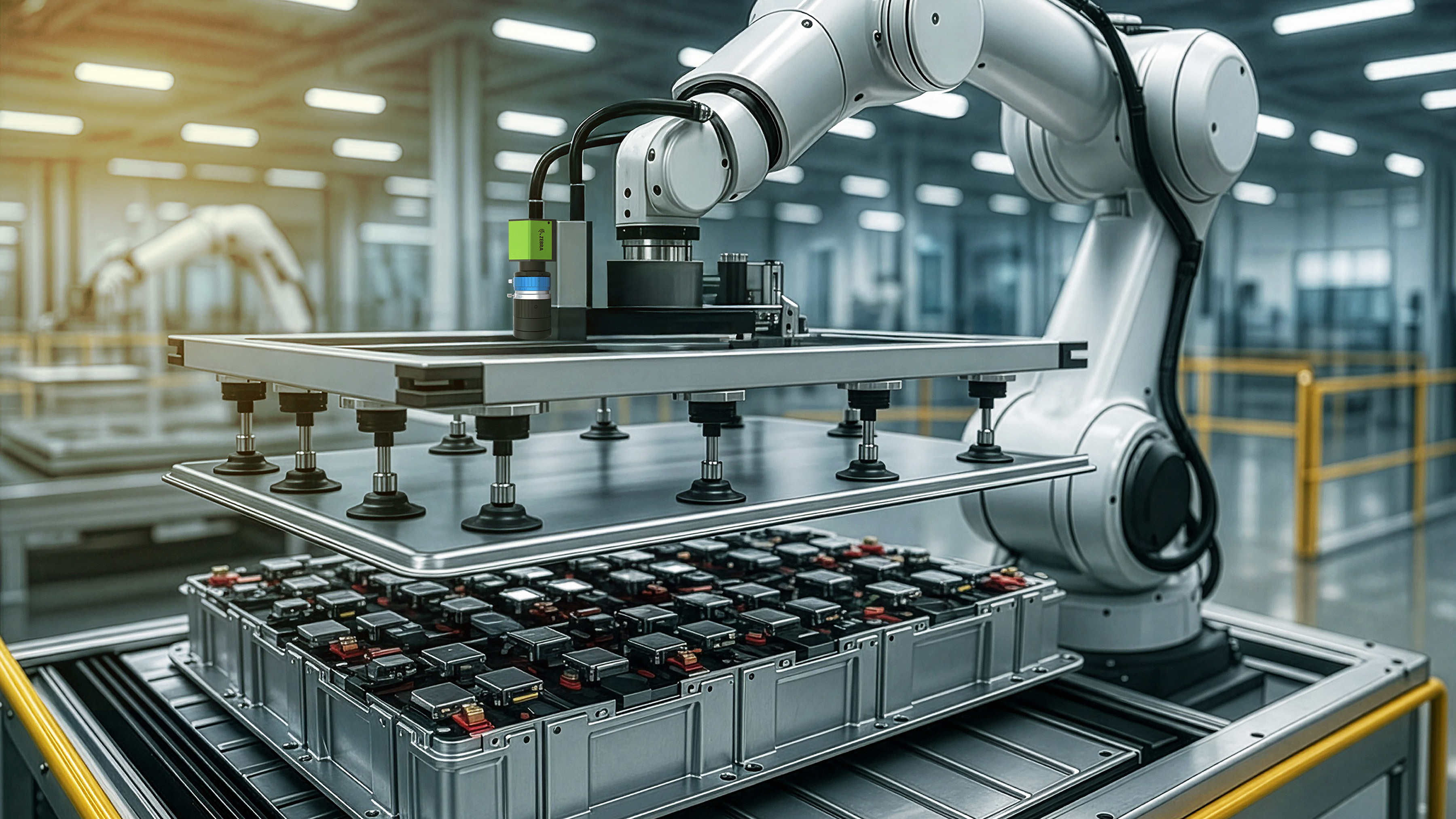Robotic arm with CV60 Machine Vision Camera attached provides guided assistance during assembly of an automotive battery pack, allowing for precise alignment while detecting defects
