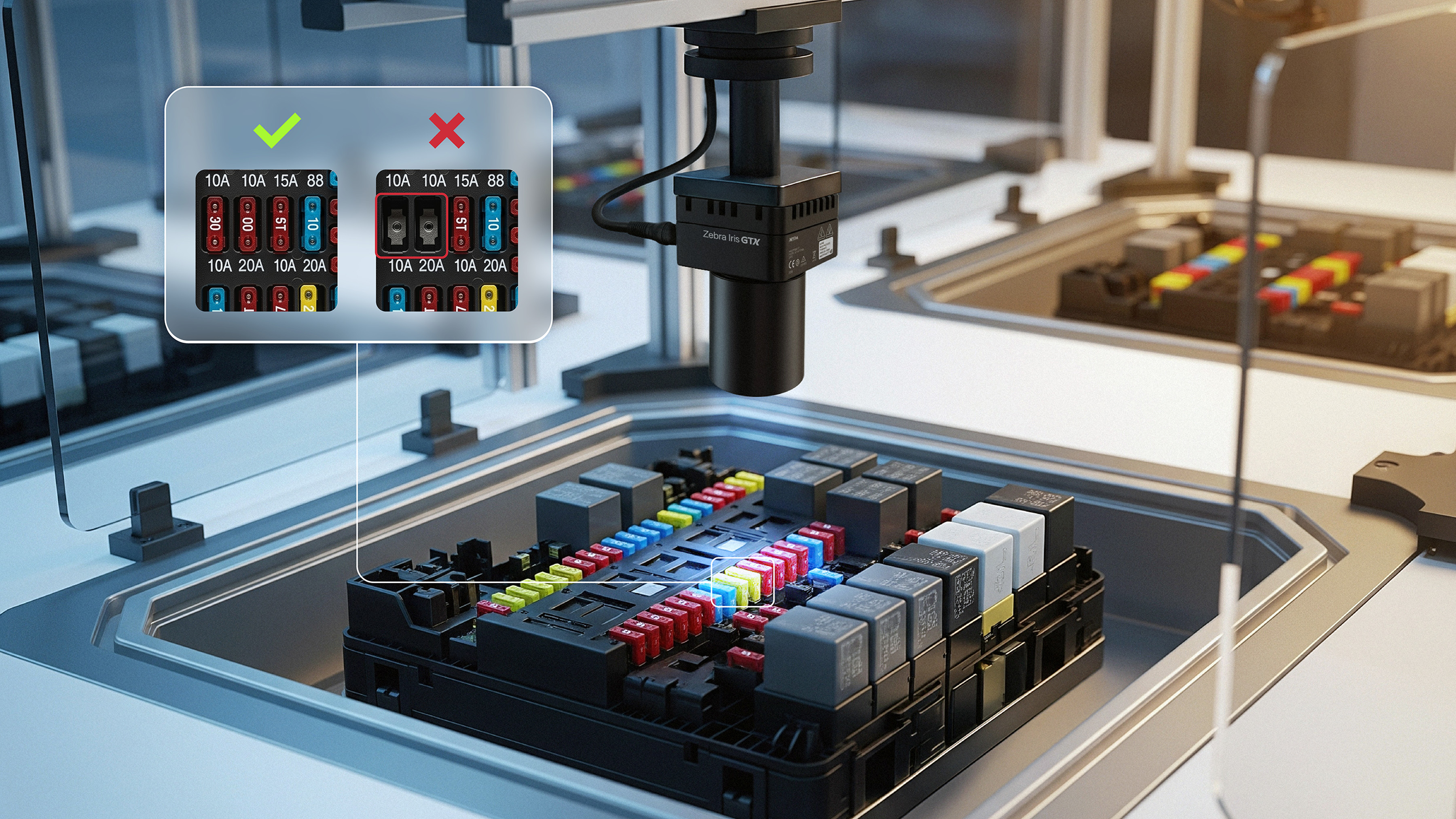 Zebra's high-resolution smart cameras inspect cosmetic and dimensional aspects of fuse assemblies in-line, while 3D profile sensors ensure precise alignment and proper seating.