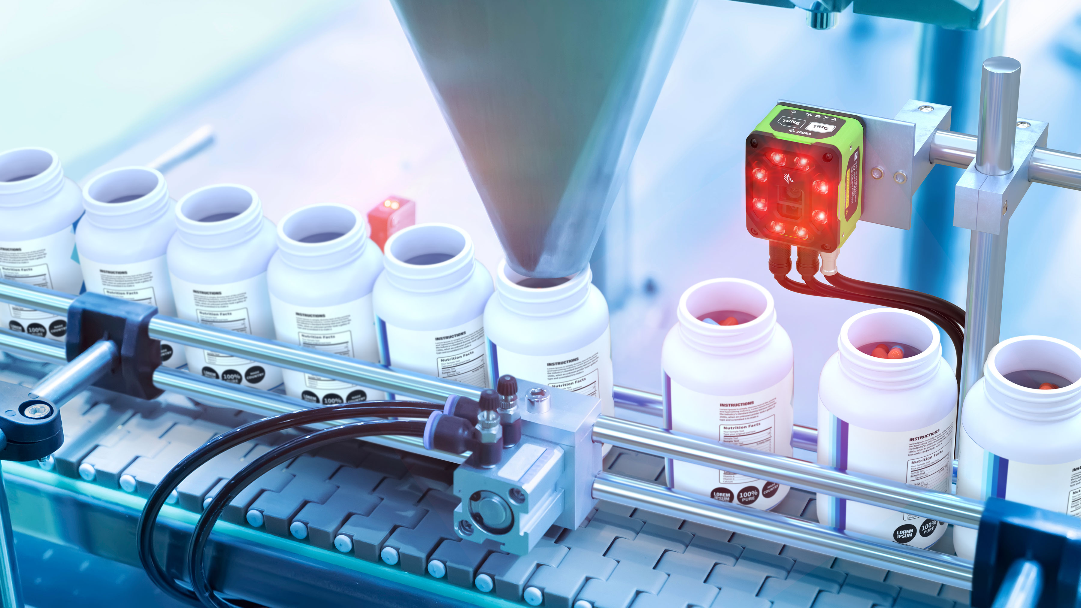 VS40 Scanning Labels on a Pharmaceutical packing production line conveyer