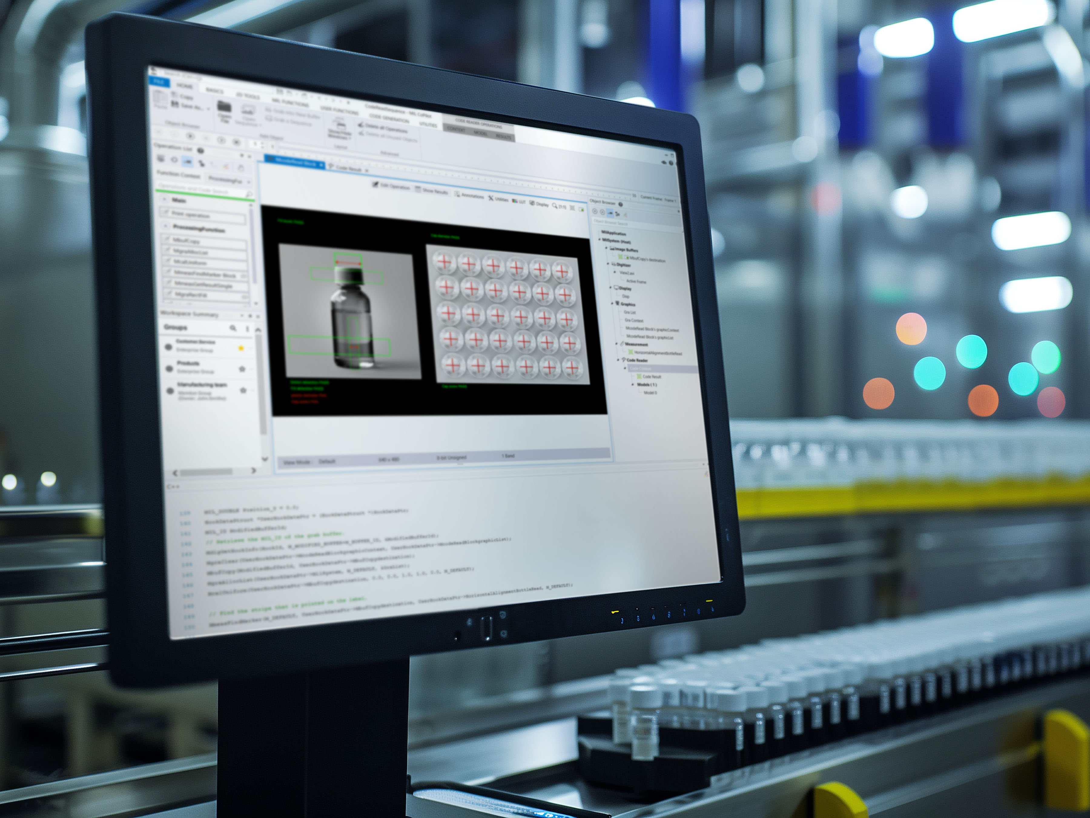 Aurora Imaging Library software on a computer screen in a pharmaceutical manufacturing facility.