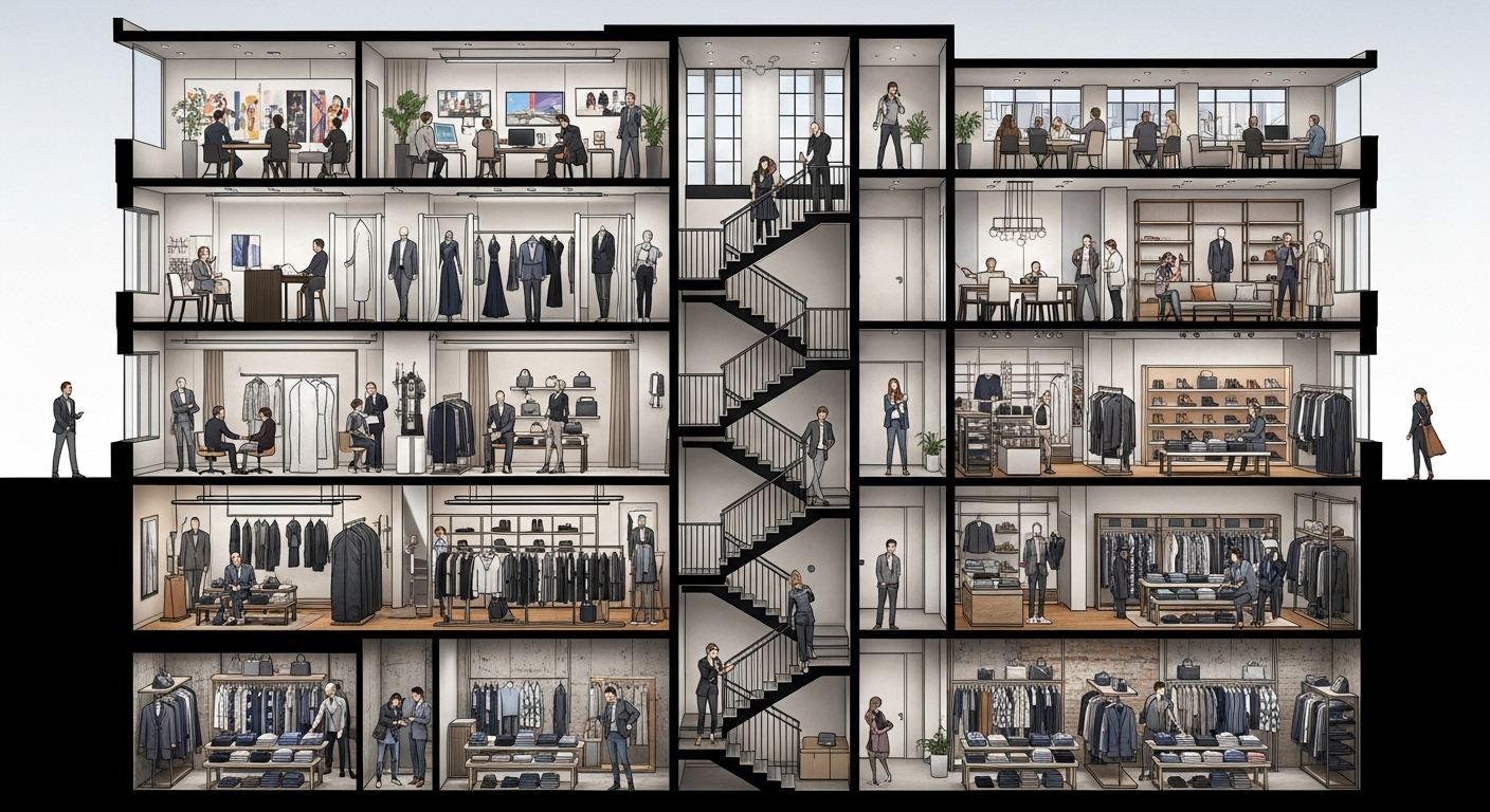 Illustrated cross-section of multi-level retail store