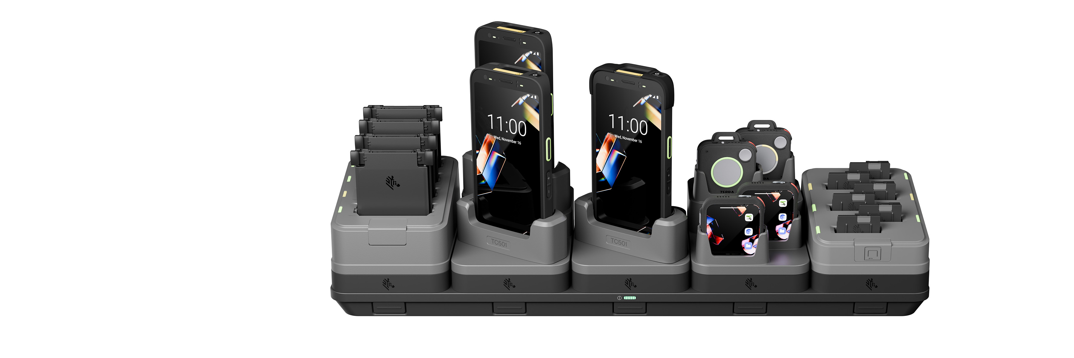 ShareCradles with mobile computers and wearable products charging, facing front.