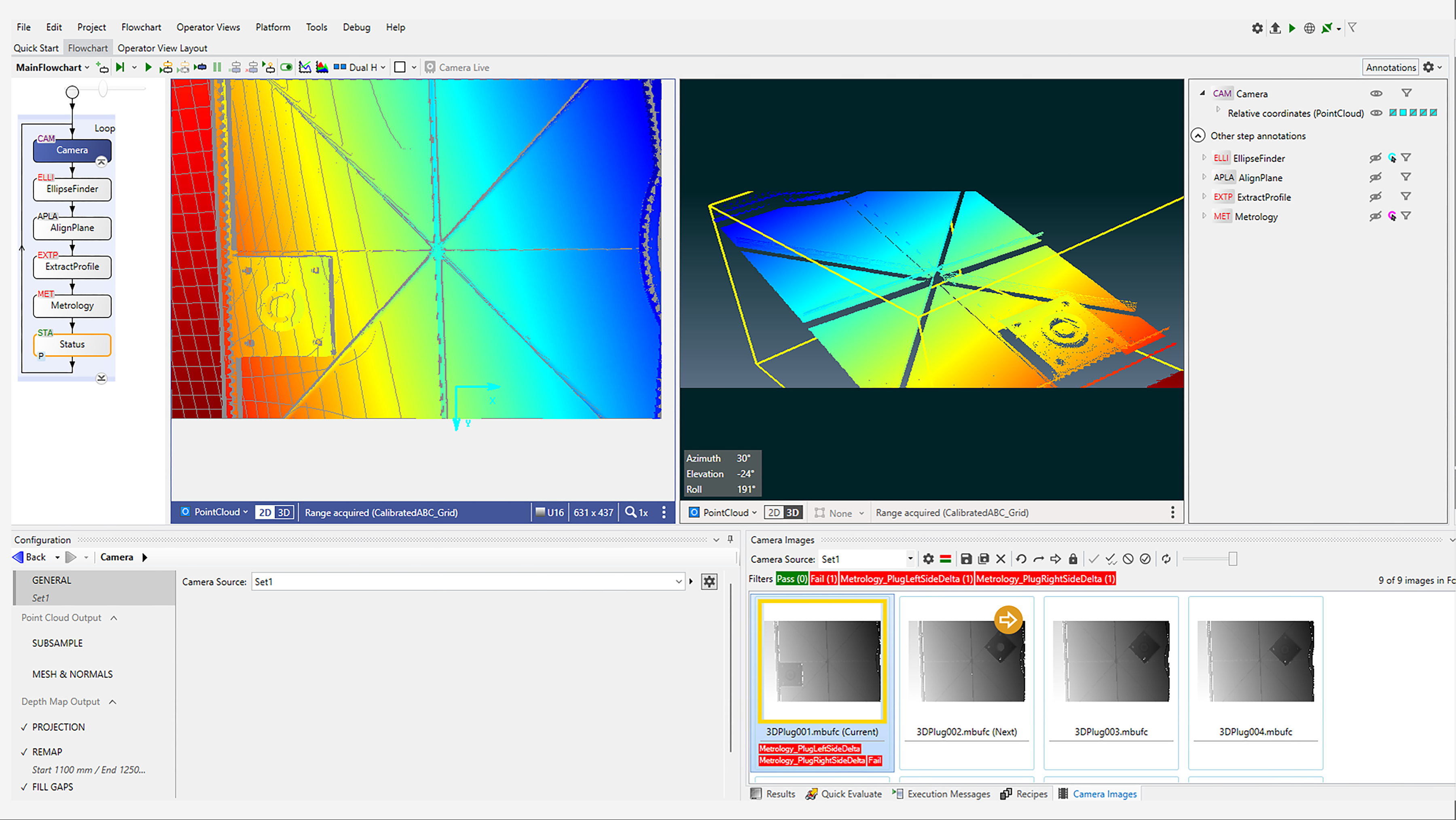 3D machine vision analysis showing point cloud data, plane alignment, and metrology checks used for presence/absence detection and dimensional verification in automated inspection.