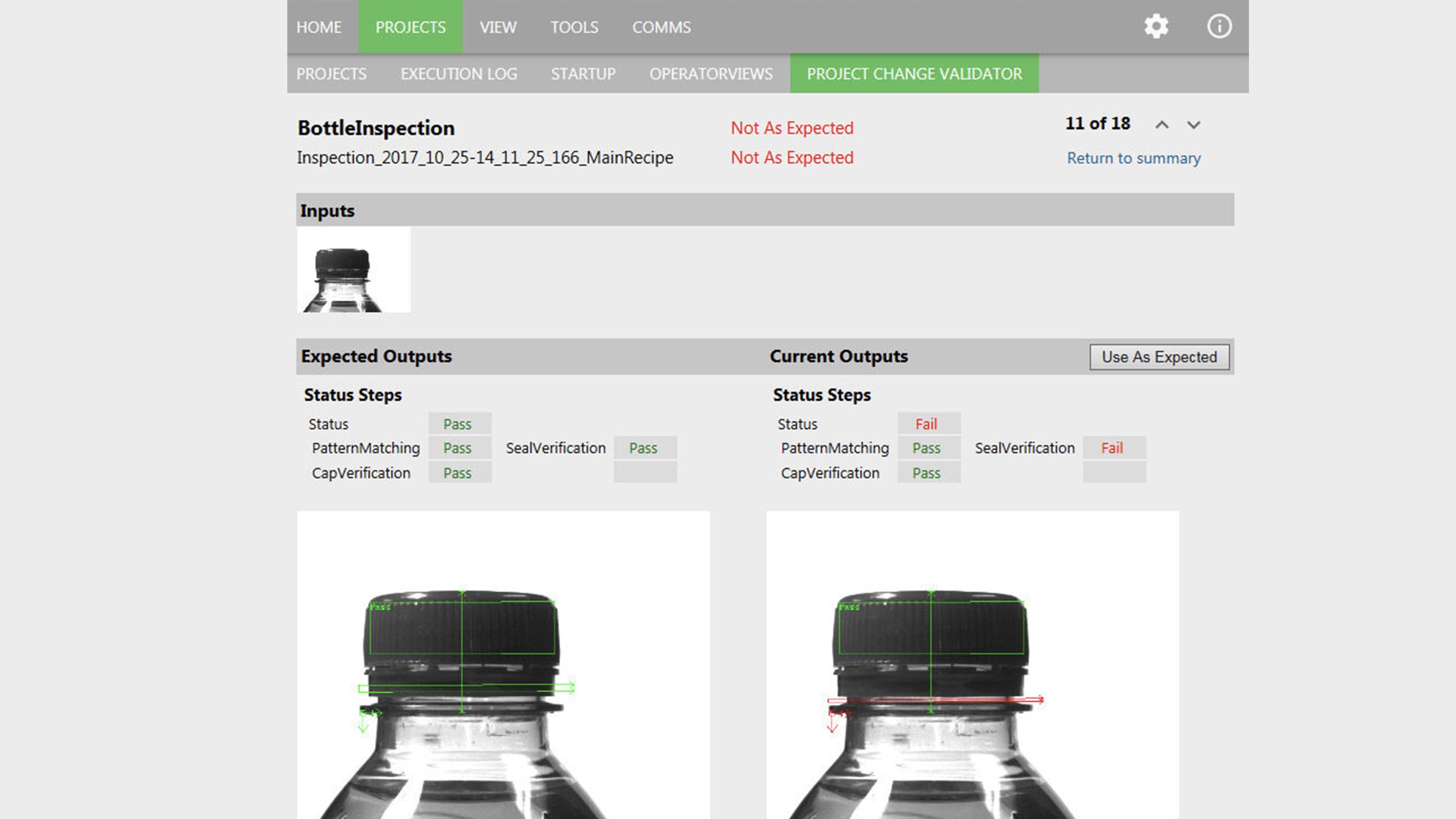 Screenshot of Aurora Design Assistant vision system detects cap misalignment and seal integrity failures on bottled products.