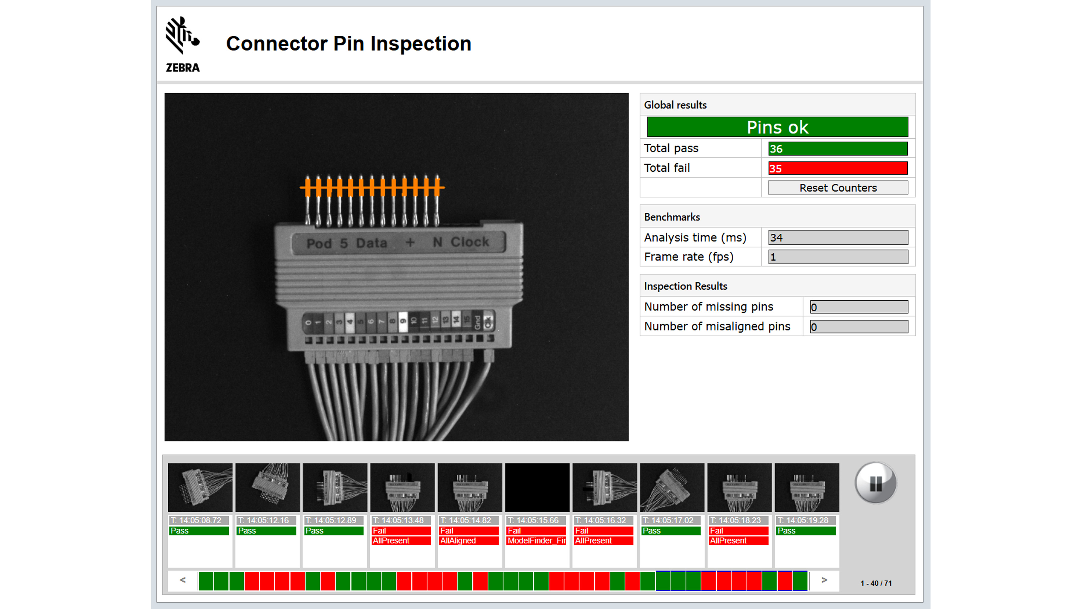 Aurora Design Assistant uses advanced geometric tools, pattern matching, edge and shape finders, measurement and gauging, color verification, OCR/OCV, barcode reading, and calibration tools for precise connector checks, alignment, traceability, and damage detection.