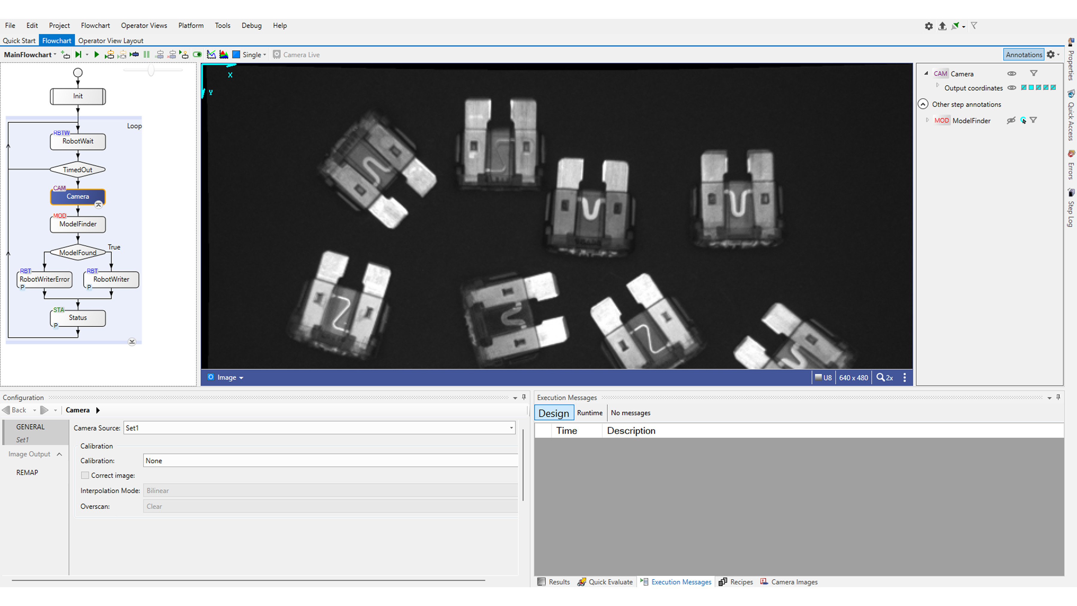 Screenshot of the Aurora Design Assistant software interface, showcasing a detailed flowchart and an analyzed image with multiple detected objects, demonstrating its advanced object recognition and workflow automation capabilities for assembling battery packs.