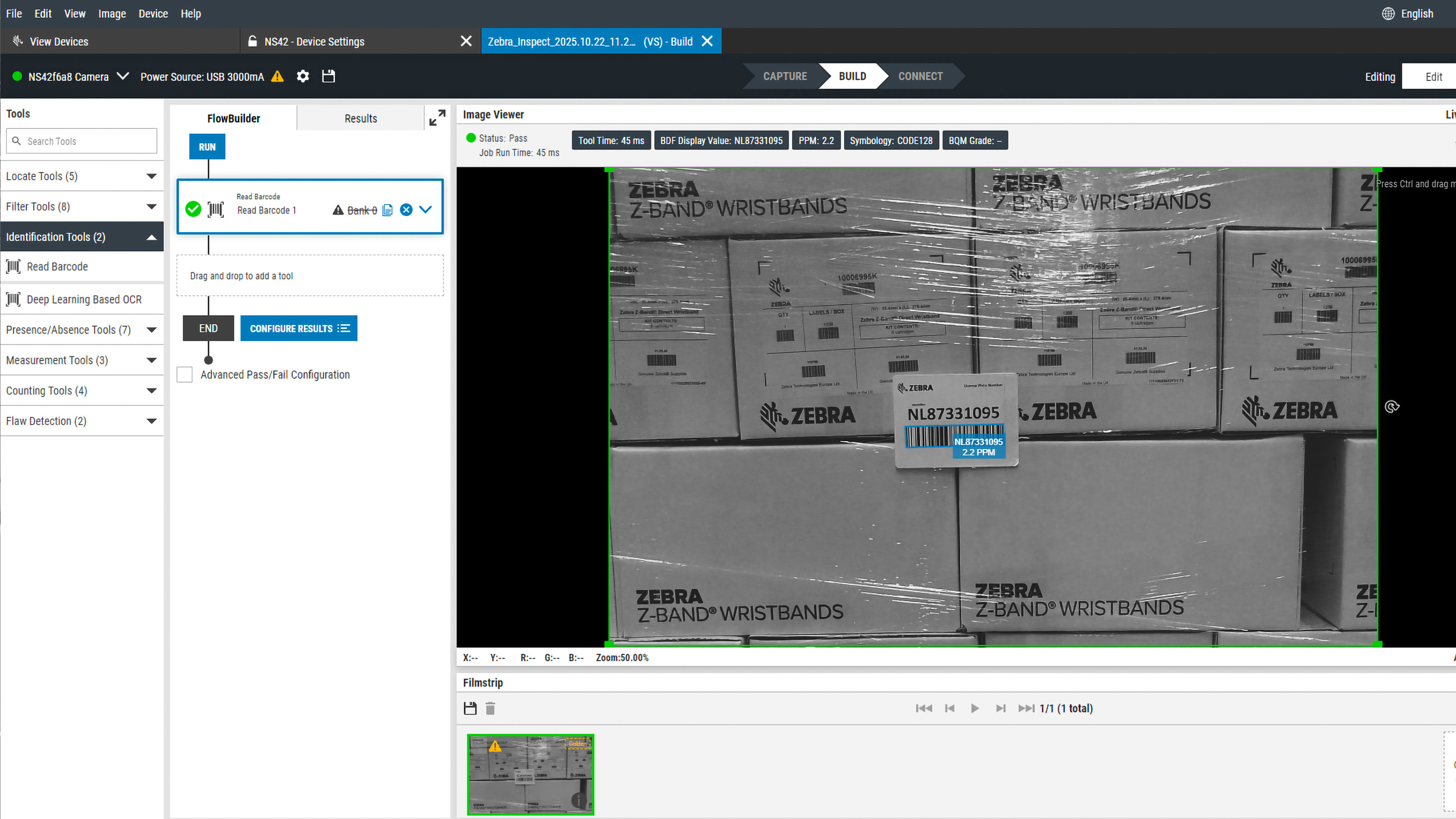 Aurora Focus software reading and validating barcodes for logistics and traceability.
