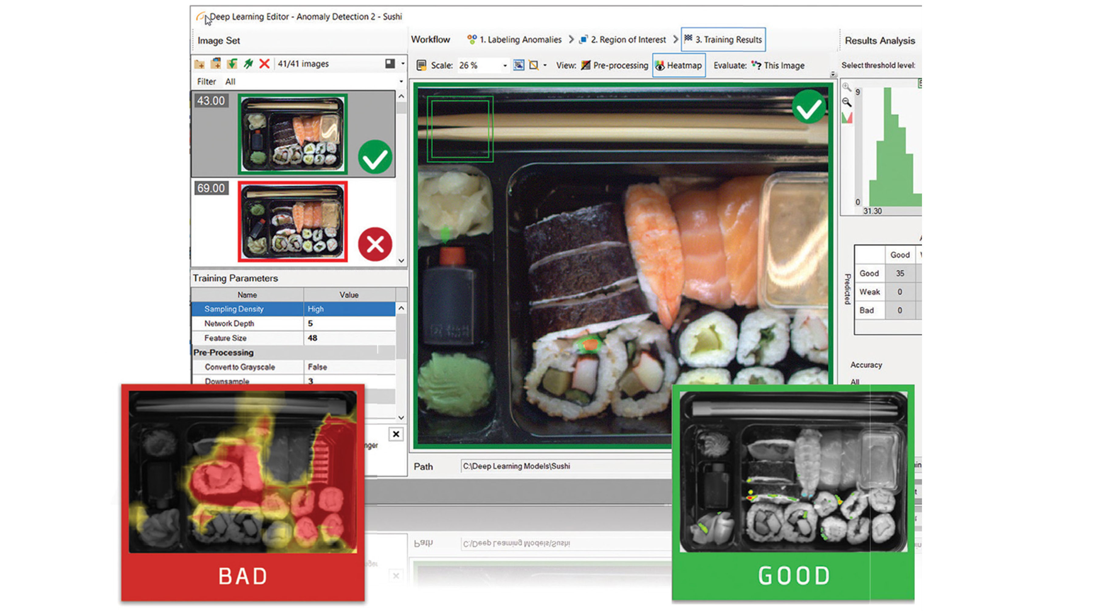 Screenshot of Aurora Vision Software AI model identifies sushi tray defects using deep learning visualizing "good" vs. "bad" outcomes