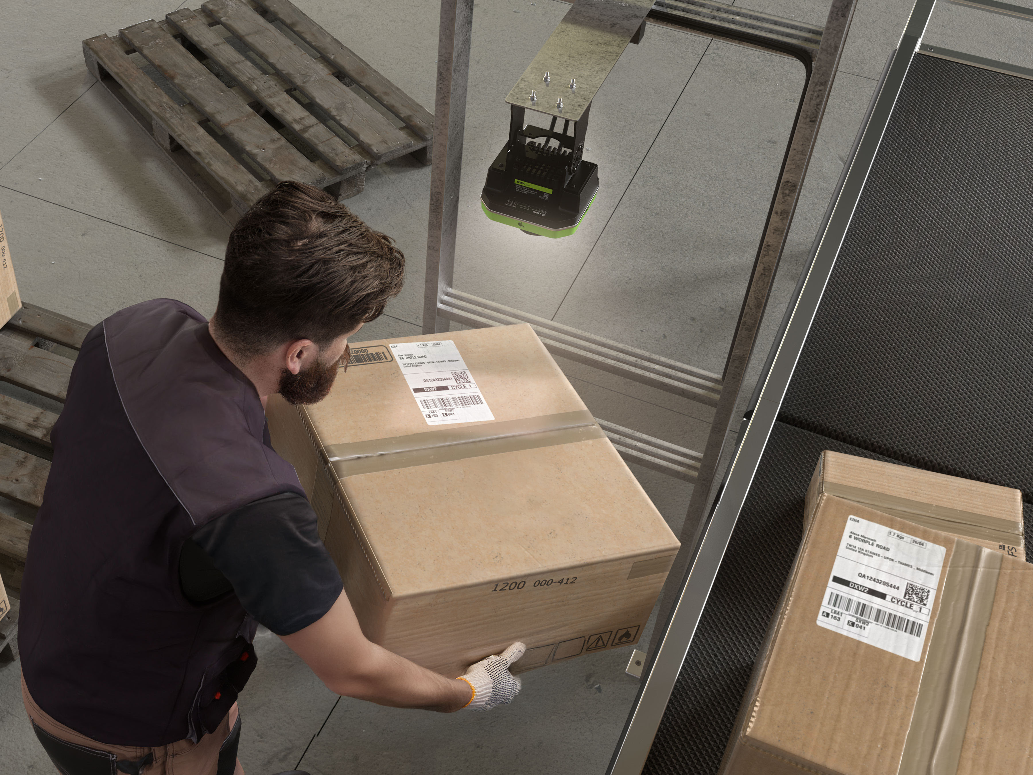 Zebra FS80 Hands-Free Overhead Scanning in a Warehouse setting