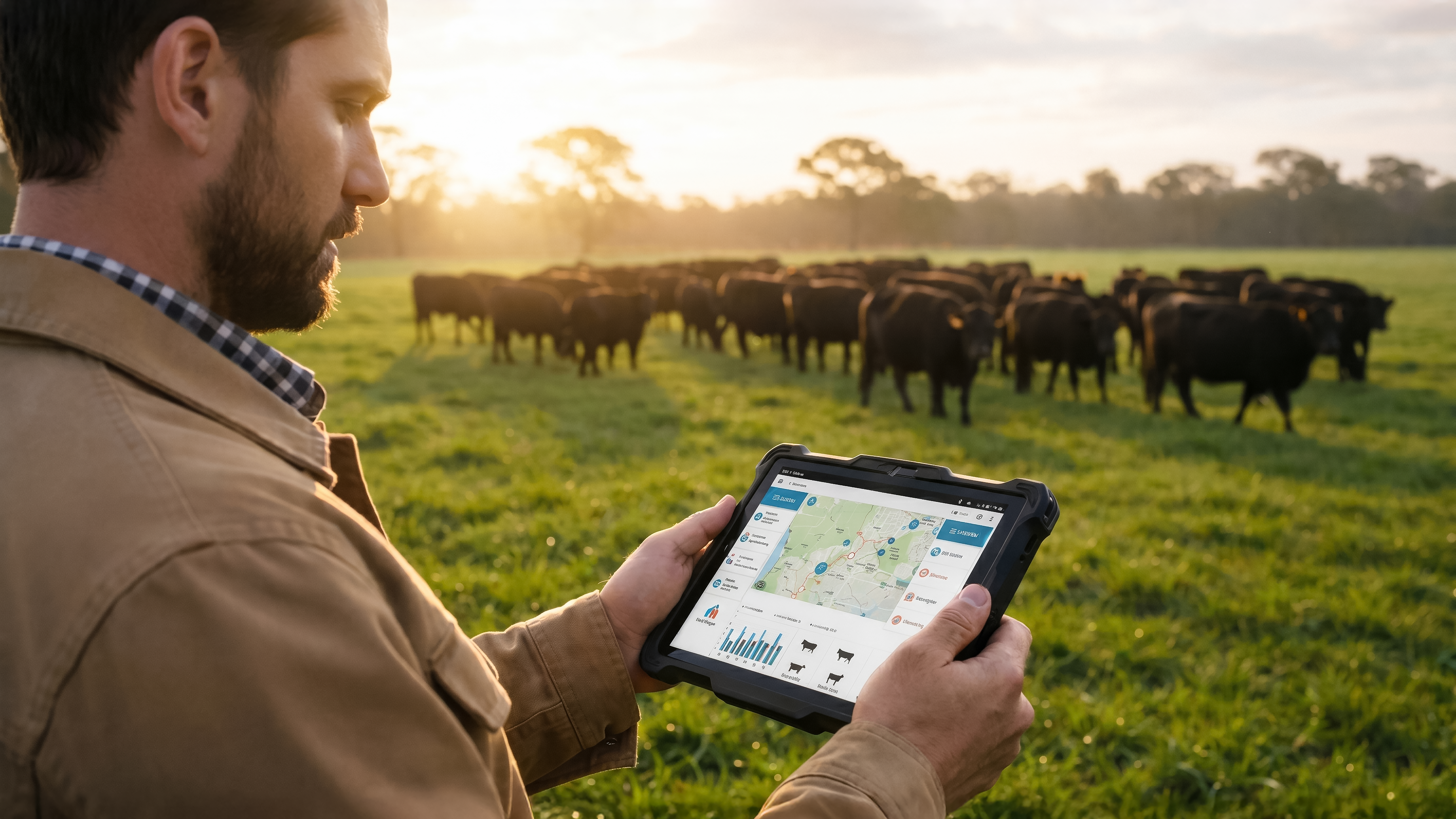 Man holding tablet ET6 in a field with cattle
