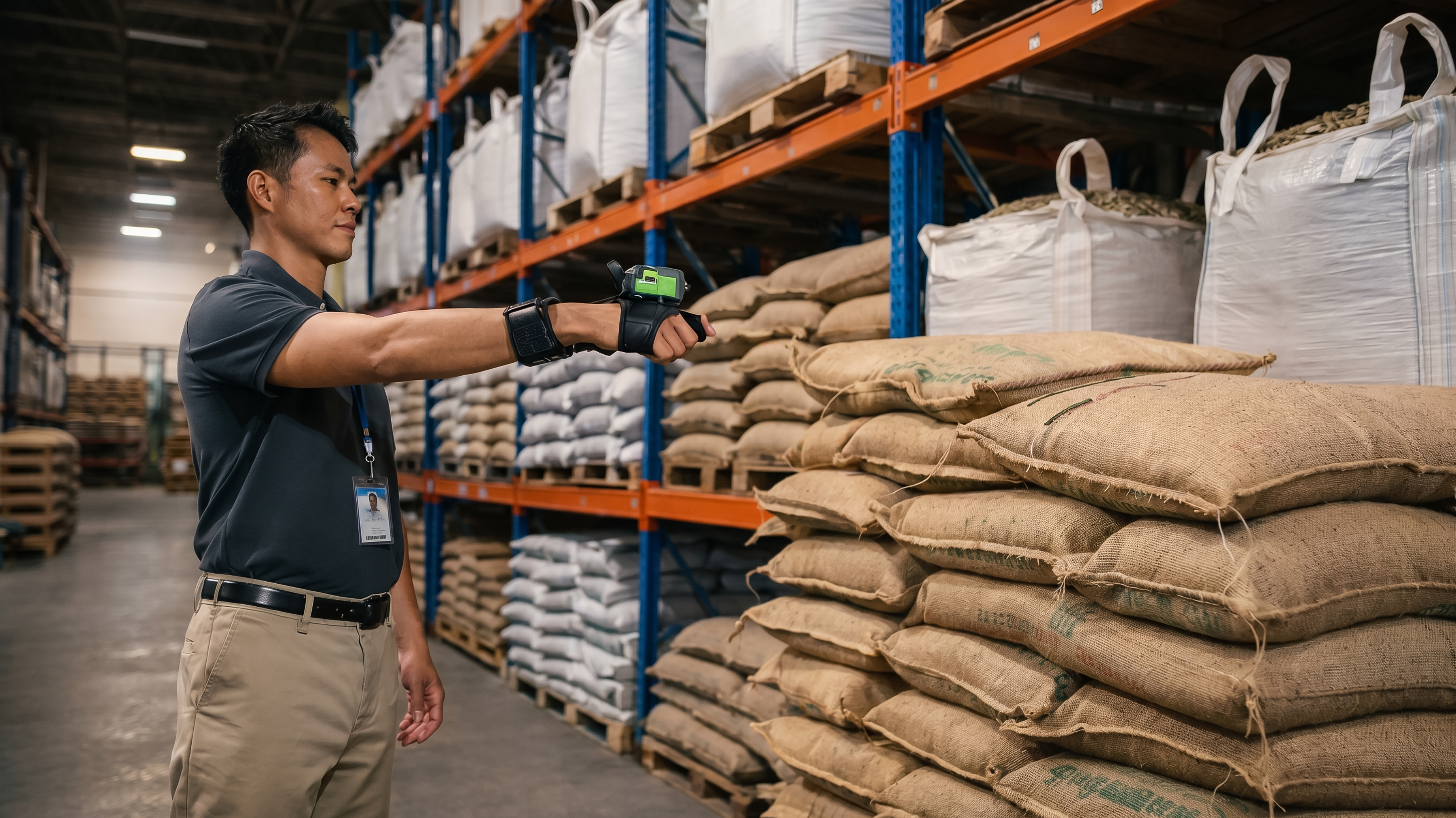 Man scanning coffee sacks in a warehouse with wearable WT5400