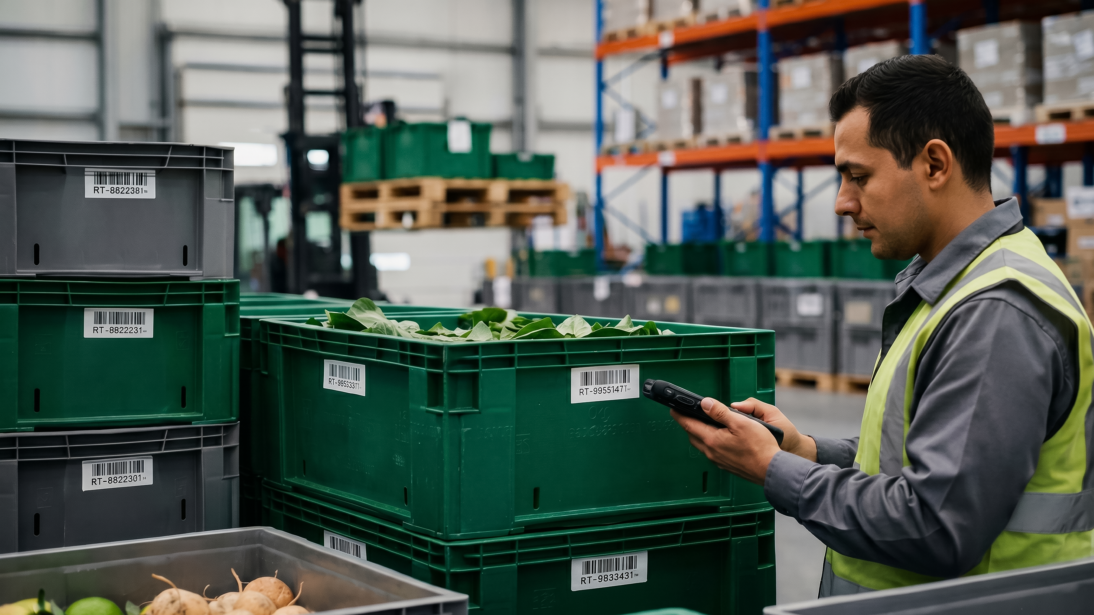Man checking labels of returnable transport items in the warehouse