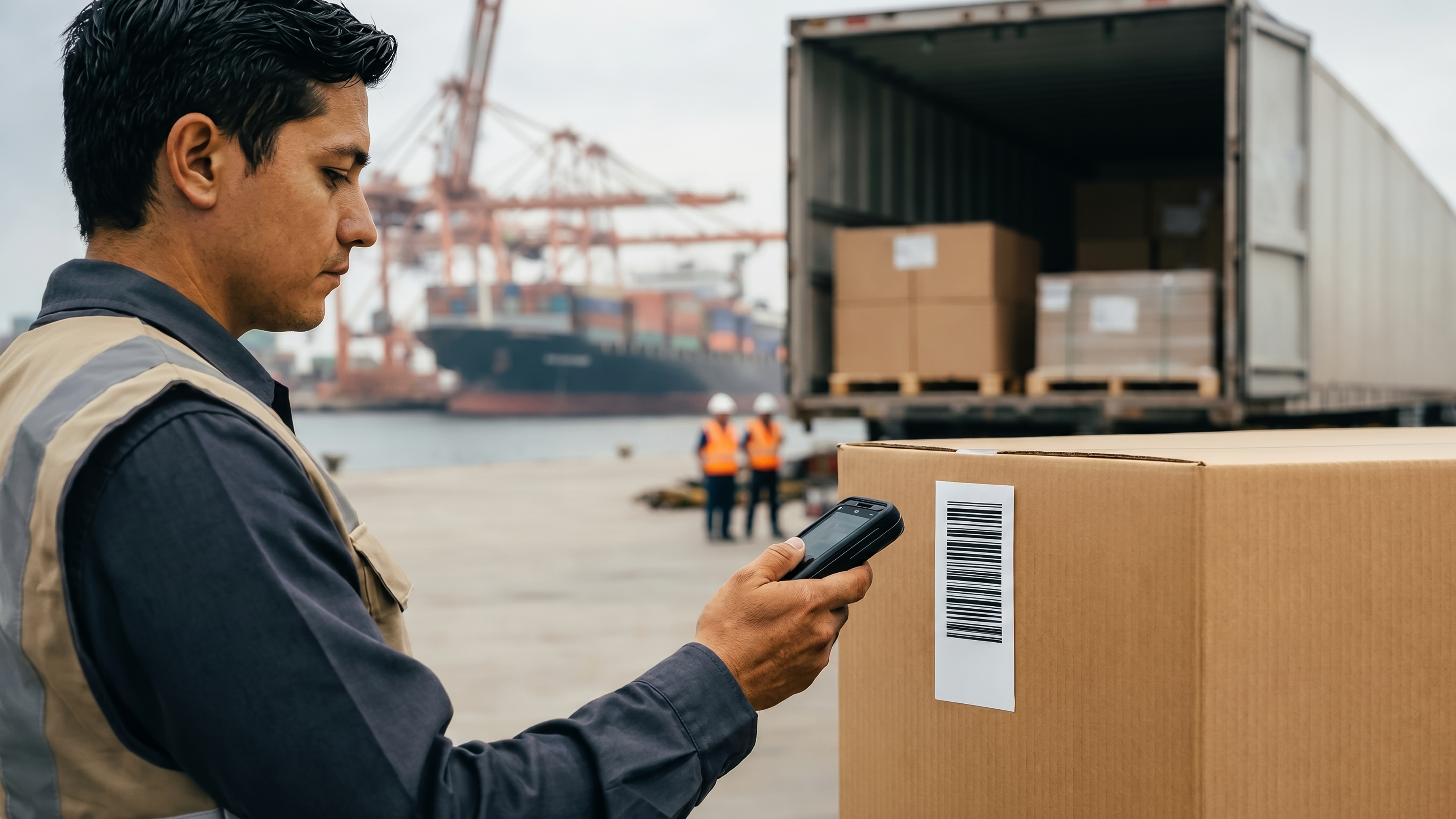 Man checking export lot at port with TC5 mobile computer