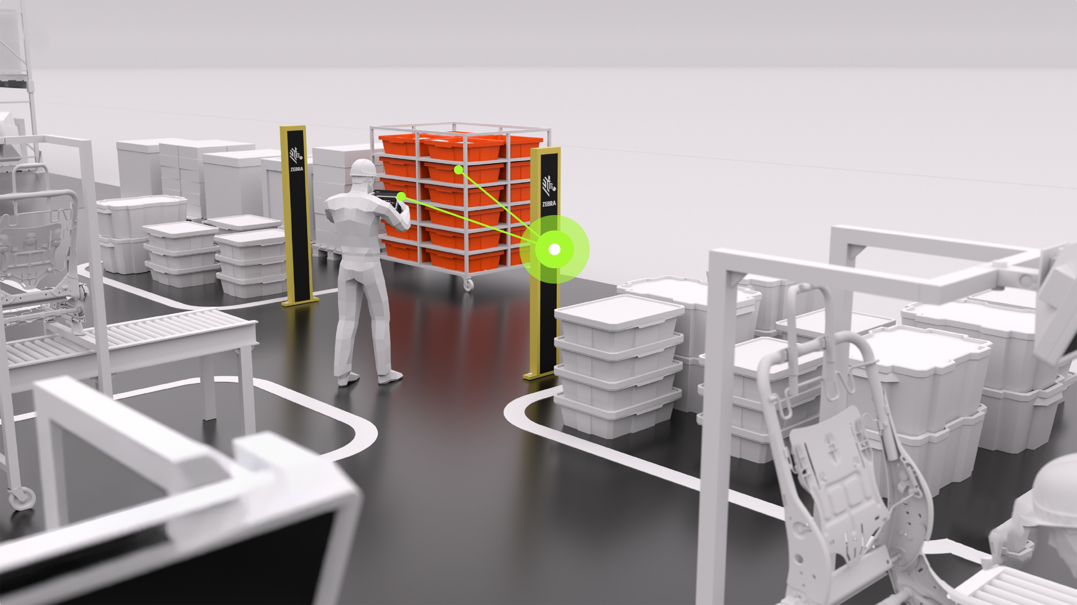 A 3D illustration depicting a worker pushing a cart of orange totes through a Zebra RFID scanning portal in a factory. Green lines visualize the automated, simultaneous scanning of all items on the cart, representing an efficient workflow for real-time inventory and asset tracking as materials move between zones.
