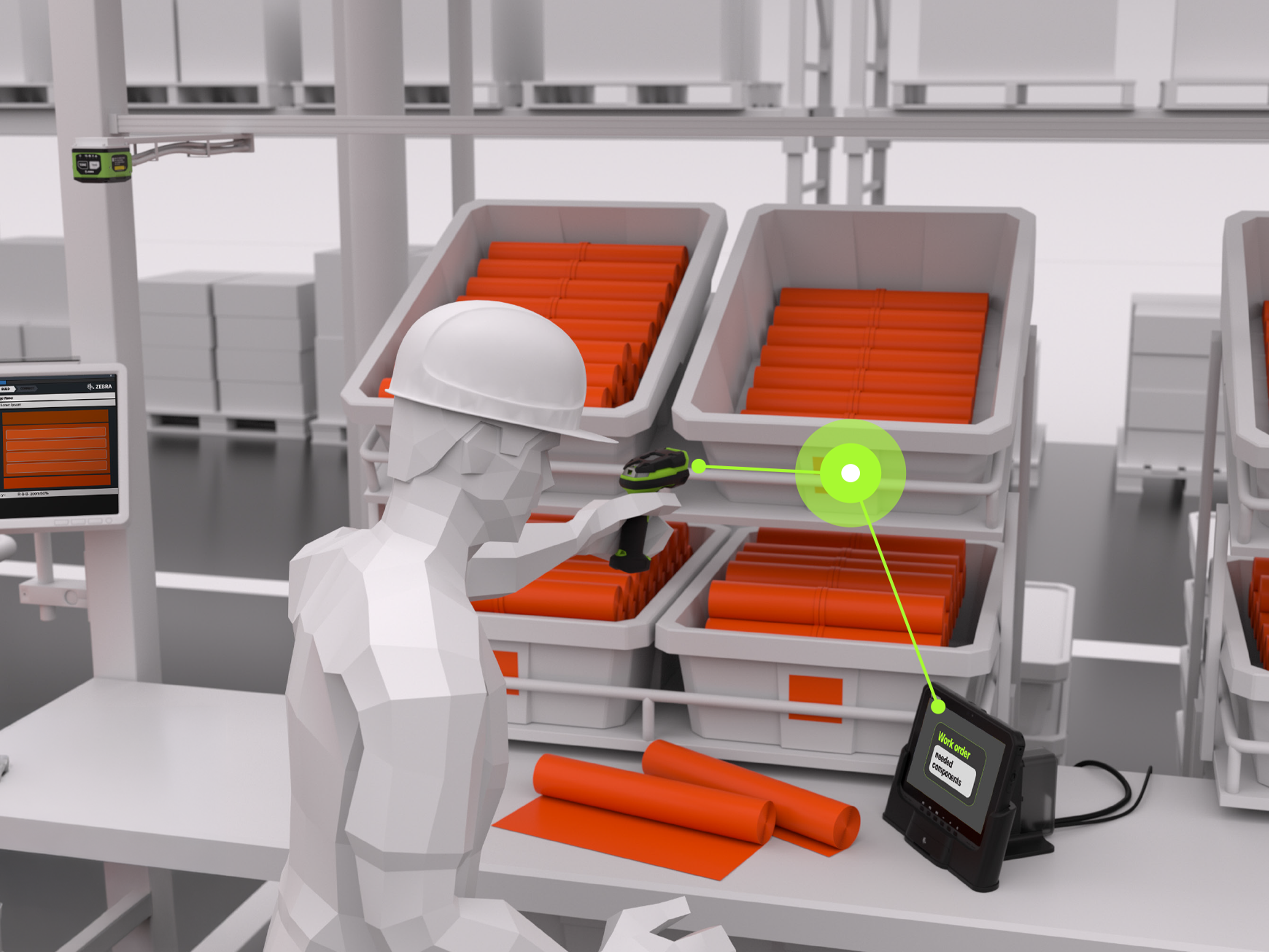 A 3D illustration of a warehouse worker using a Zebra rugged handheld scanner to pick components from a bin for a work order. A graphic overlay connects the scanner to a fixed terminal, visualizing a guided workflow that ensures accuracy in manufacturing or order fulfillment operations.