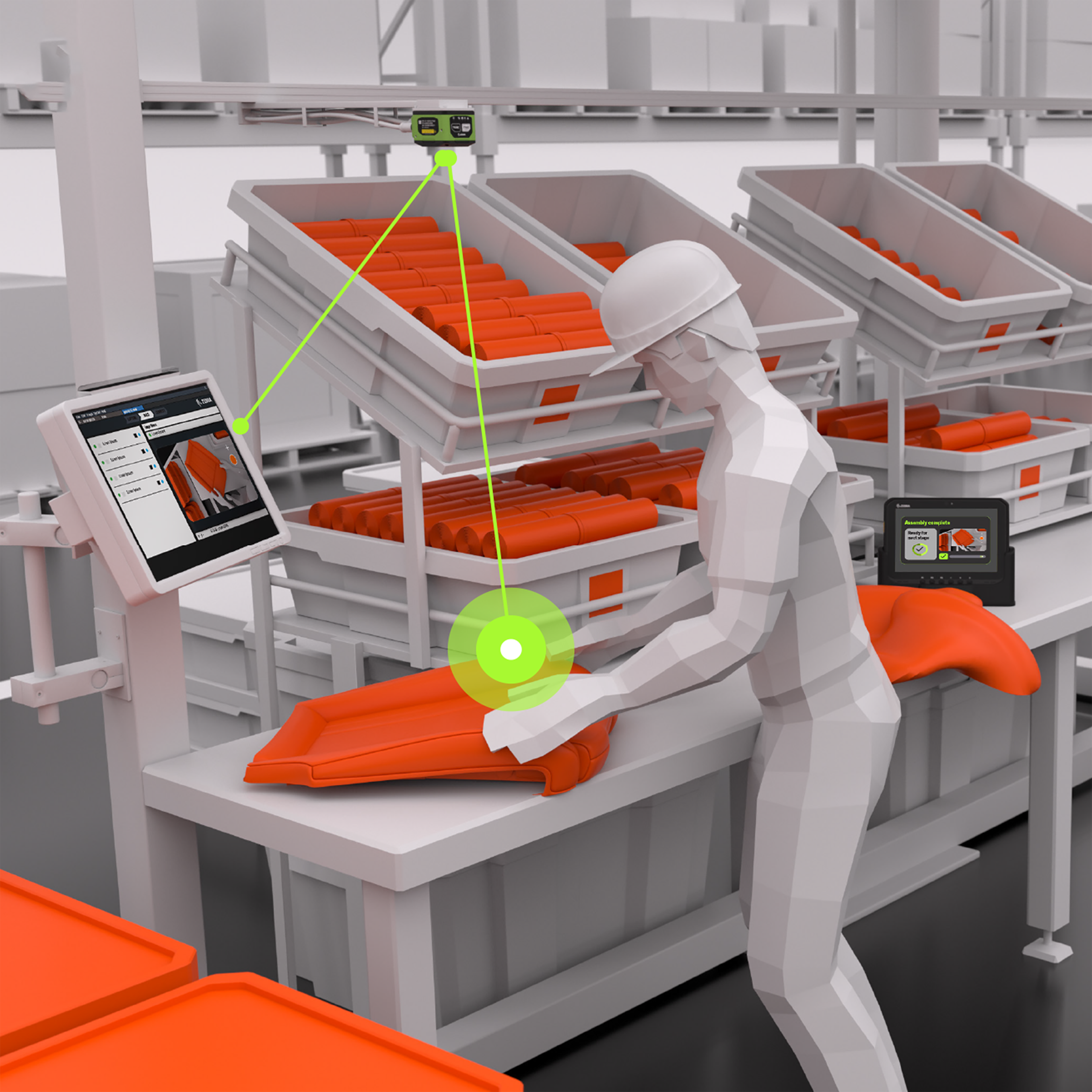 A 3D conceptual rendering of a modern assembly line where a worker in a hard hat handles a component. An overhead Zebra machine vision sensor scans the item, with illustrative lines showing the real-time analysis and providing feedback on a workstation monitor. The image visualizes an automated quality control and error-proofing process in a smart factory or warehouse environment.