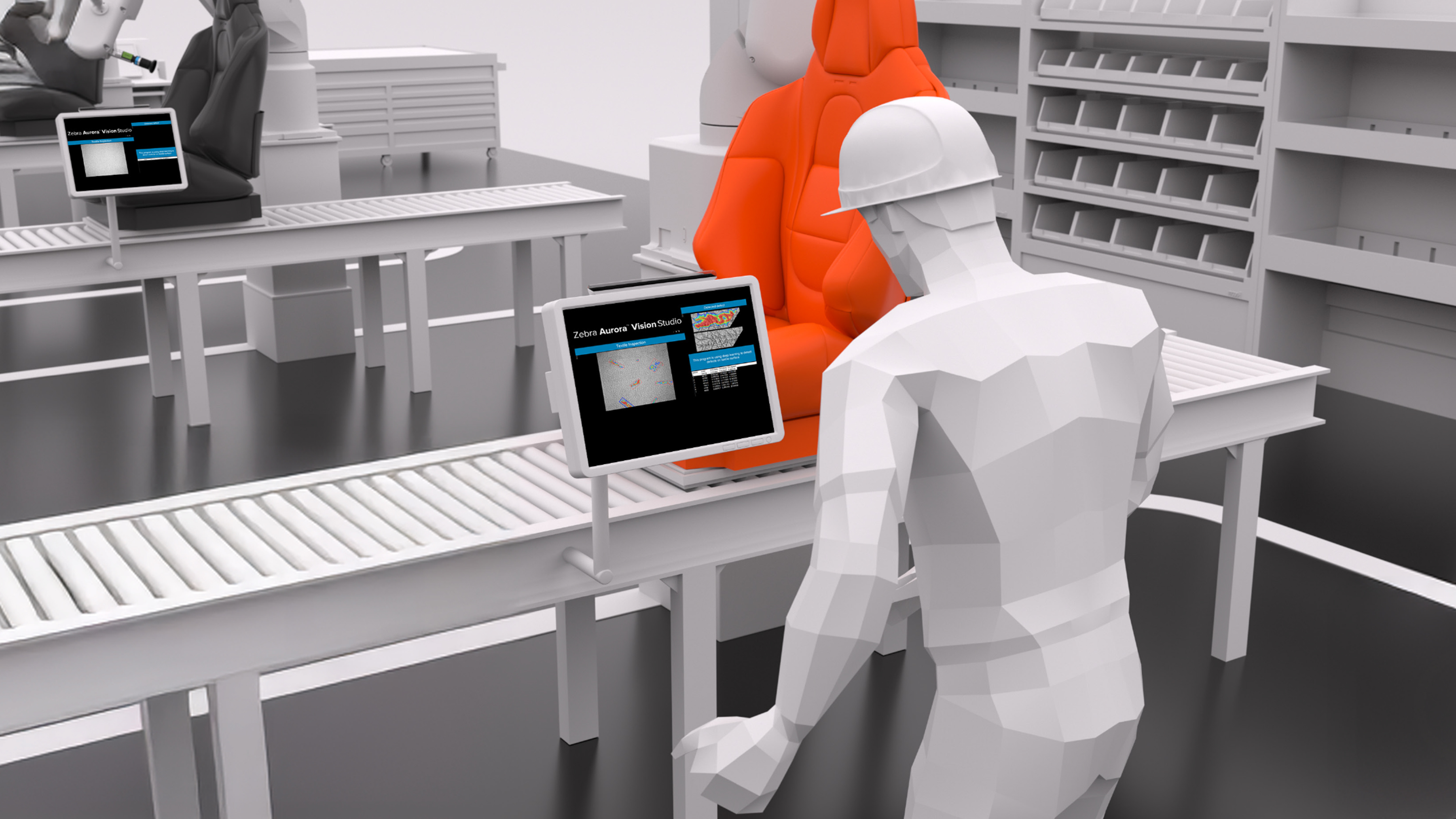 The process begins with a robotic arm equipped with Zebra's CV60 machine-vision camera, which scans finished automotive seats for defects. The CV60 captures high-resolution images, analyzed by Zebra Aurora Vision Studio, to identify even the most subtle scratches or physical flaws that human eyes would miss. Once a defect is detected, the system automatically diverts the seat from the main production line to a dedicated rework station, preventing flawed products from moving forward. This automated process provides the precision and speed necessary for accurate quality inspection without disrupting manufacturing throughput.