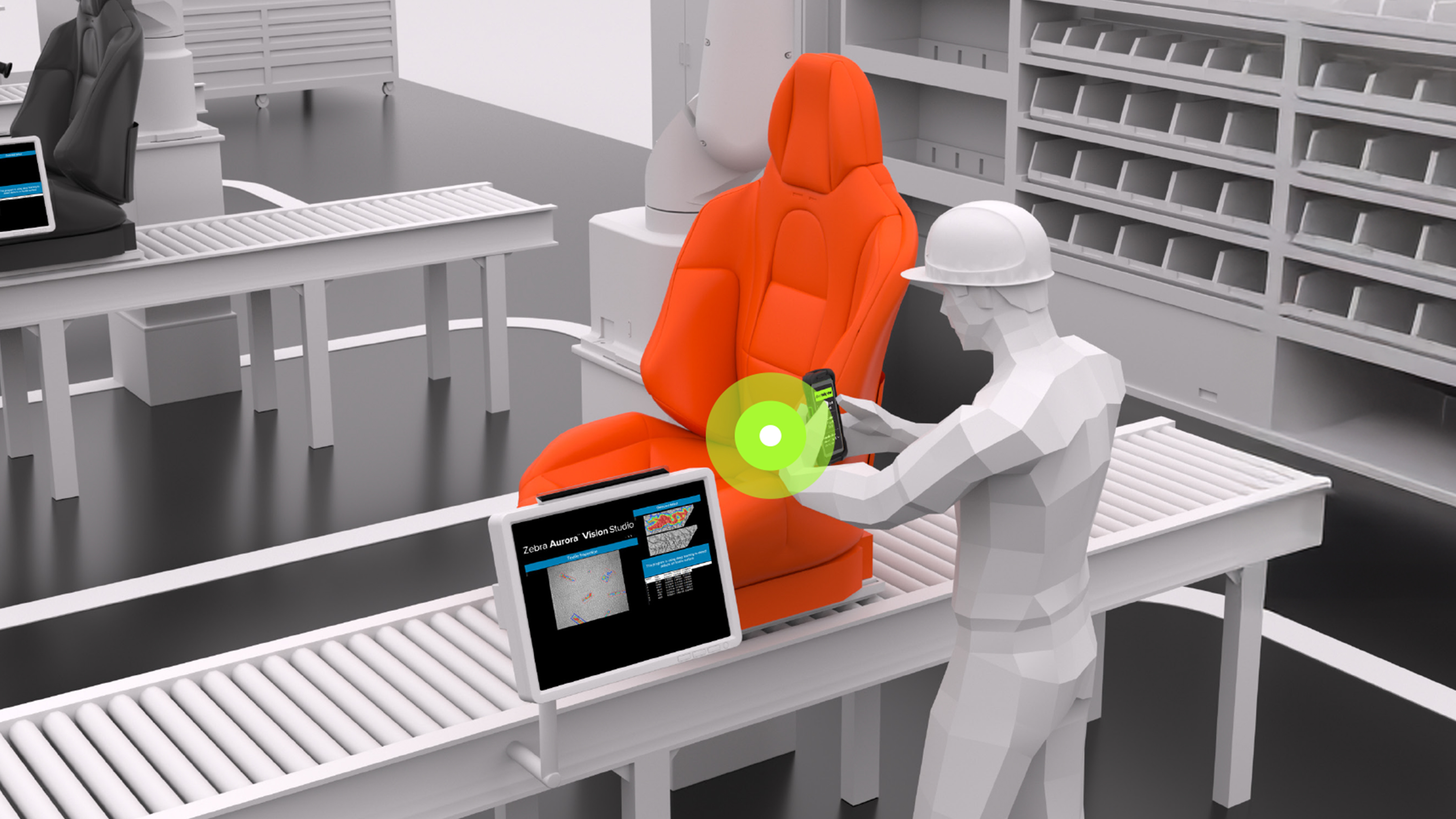 Zebra Aurora Vision Studio is the software intelligence behind the inspection station. It seamlessly integrates with the Zebra CV60 camera to analyze captured images and automatically identify defects. When a flaw is detected, the system instantly notifies workers and provides clear instructions for material handling, such as diverting the defective seat to a rework station. With its intuitive, visual drag-and-drop platform, engineers and system integrators can create, test, and deploy powerful machine vision applications without writing a single line of code, dramatically simplifying the development and management of quality control workflows.