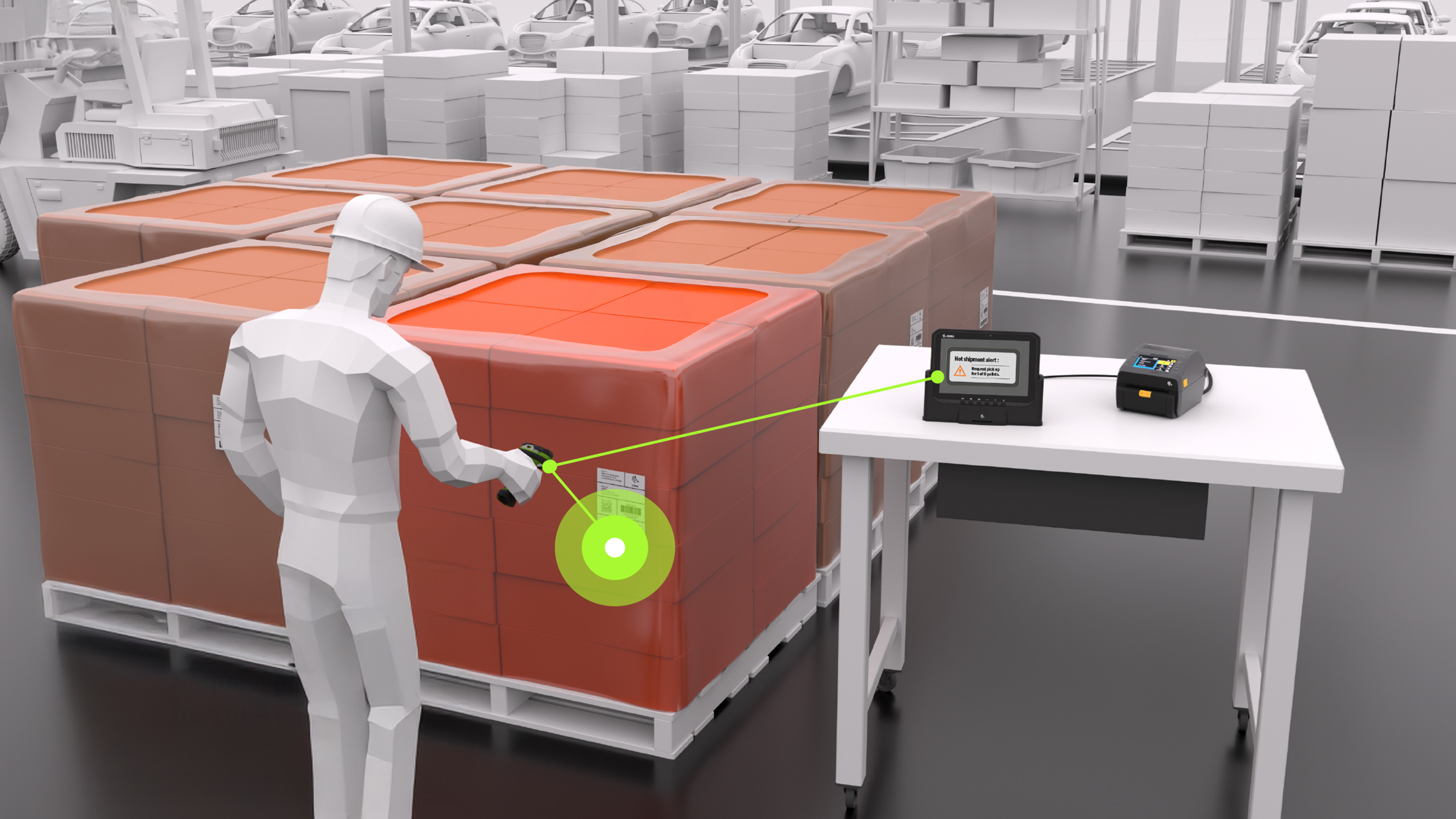 Upon arrival at the loading dock, workers use the DS3600 Series Ultra-Rugged Barcode Scanner to instantly identify priority pallets. Its advanced scanning technology triggers a hot shipment alert, ensuring critical materials are processed for expedited delivery to production without delay.