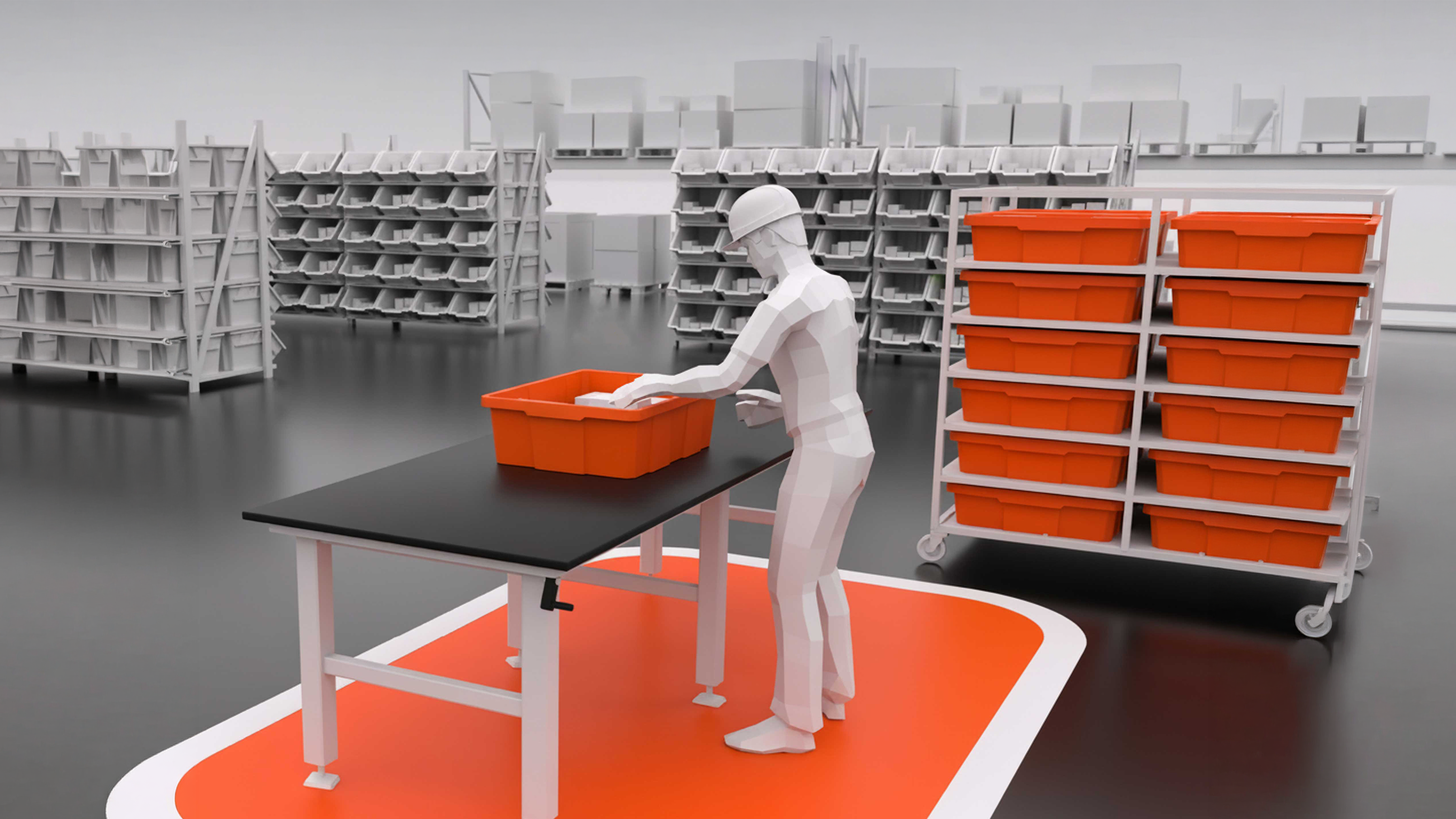 A 3D illustration of a warehouse employee working at a stationary workbench. The worker is sorting components into an orange tote in a designated kitting or packing area, surrounded by storage racks and bins, representing a key step in the logistics and fulfillment process.