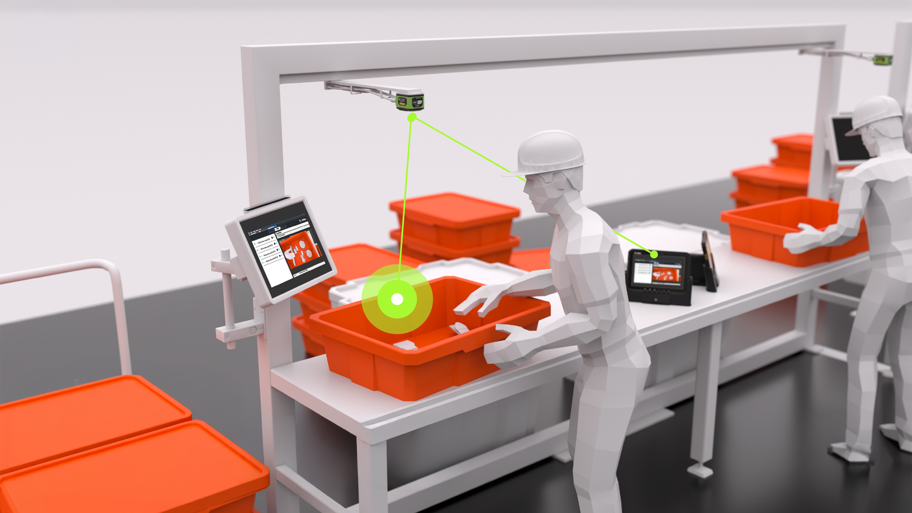 A detailed 3D isometric illustration of a worker at a designated kitting and sub-assembly station within a modern smart factory. The scene focuses on a worker managing components near an orange storage bin, representing the workflow stages of verifying kits and preparing them for the assembly line. This visual emphasizes hands-on task management, workflow efficiency, and logistics within an industrial manufacturing environment.