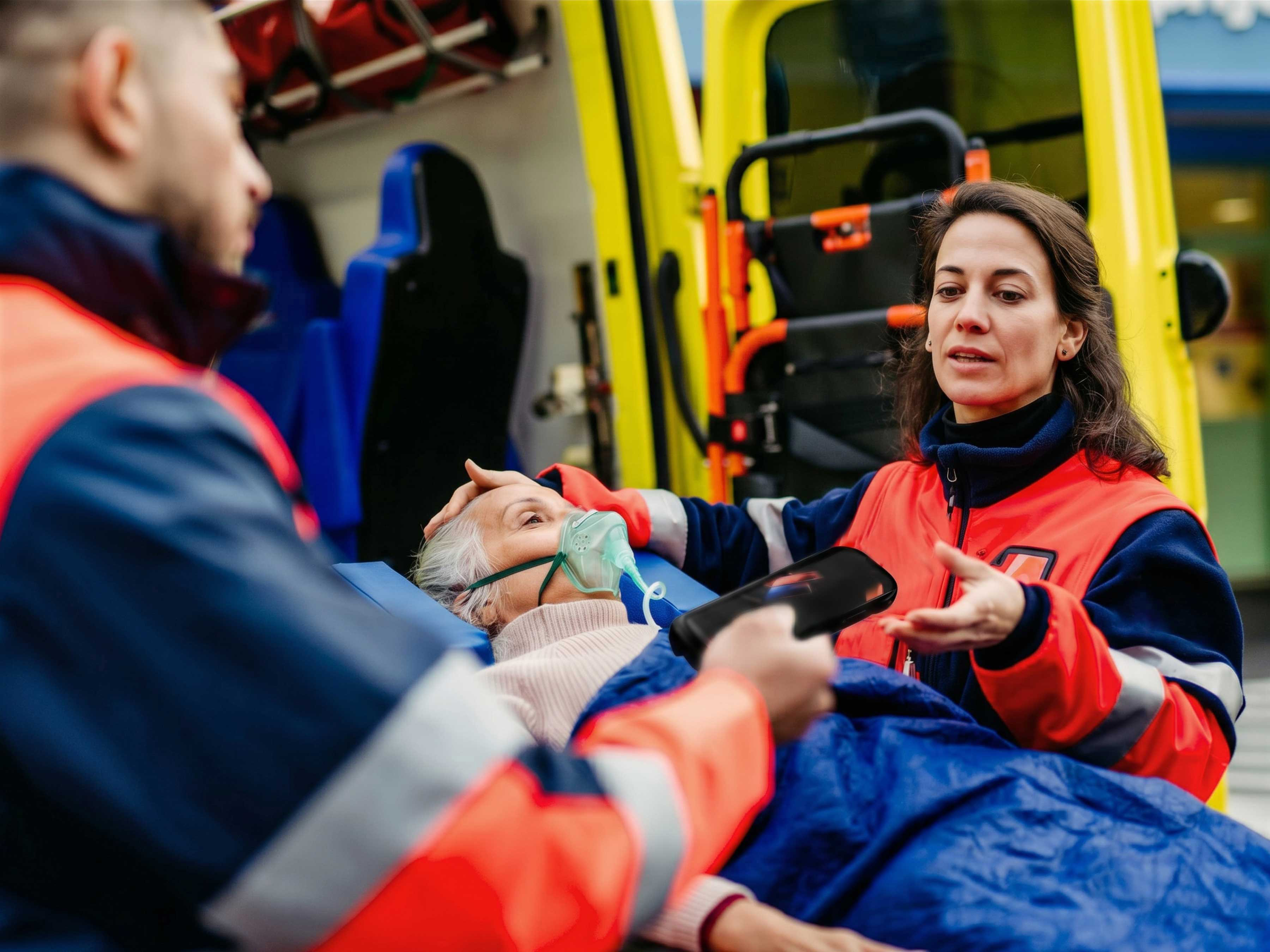 A first responder uses a Zebra FR55 rugged mobile computer to access patient data while treating a person on a stretcher next to an ambulance