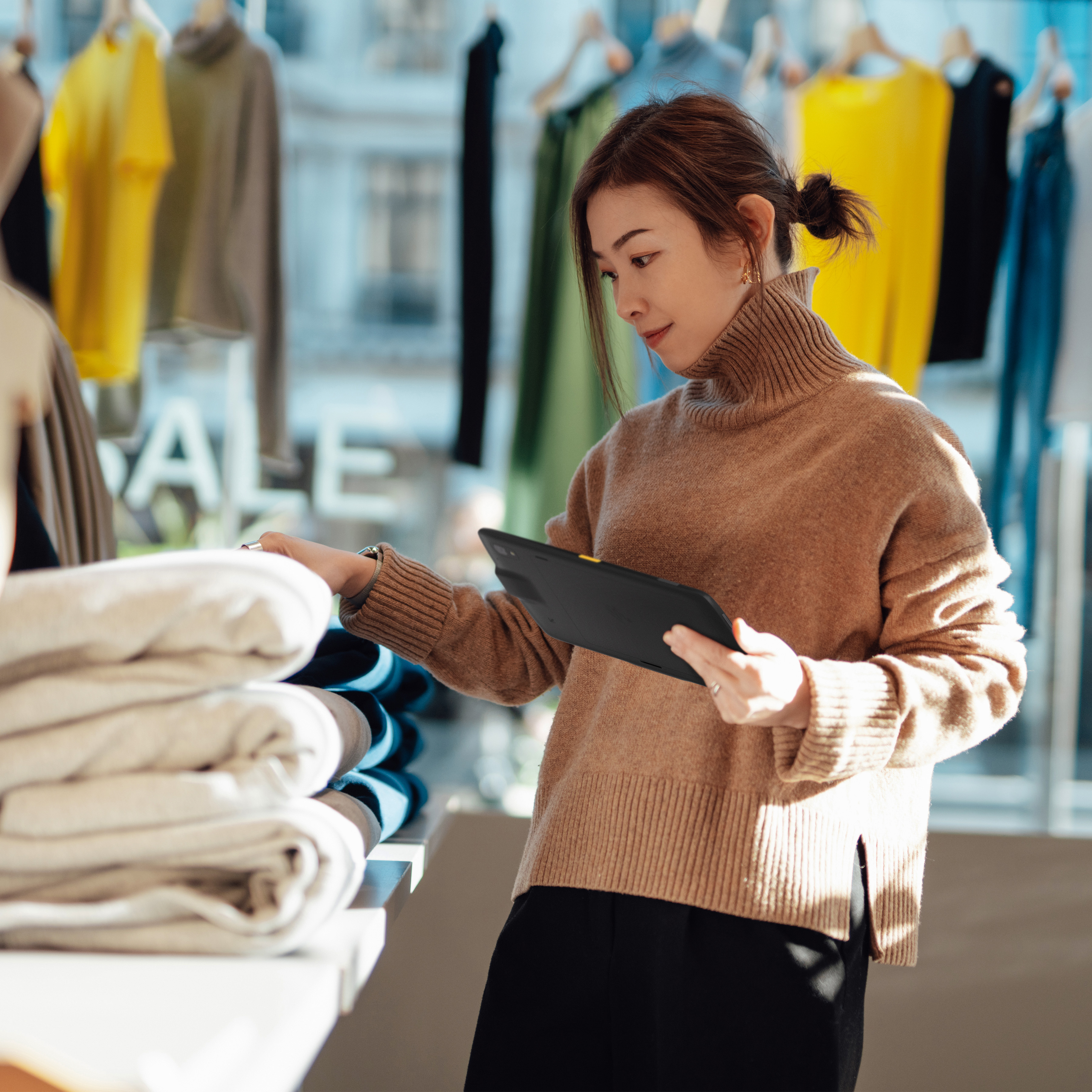 A retail employee using a tablet to check stock inside of a clothing store.