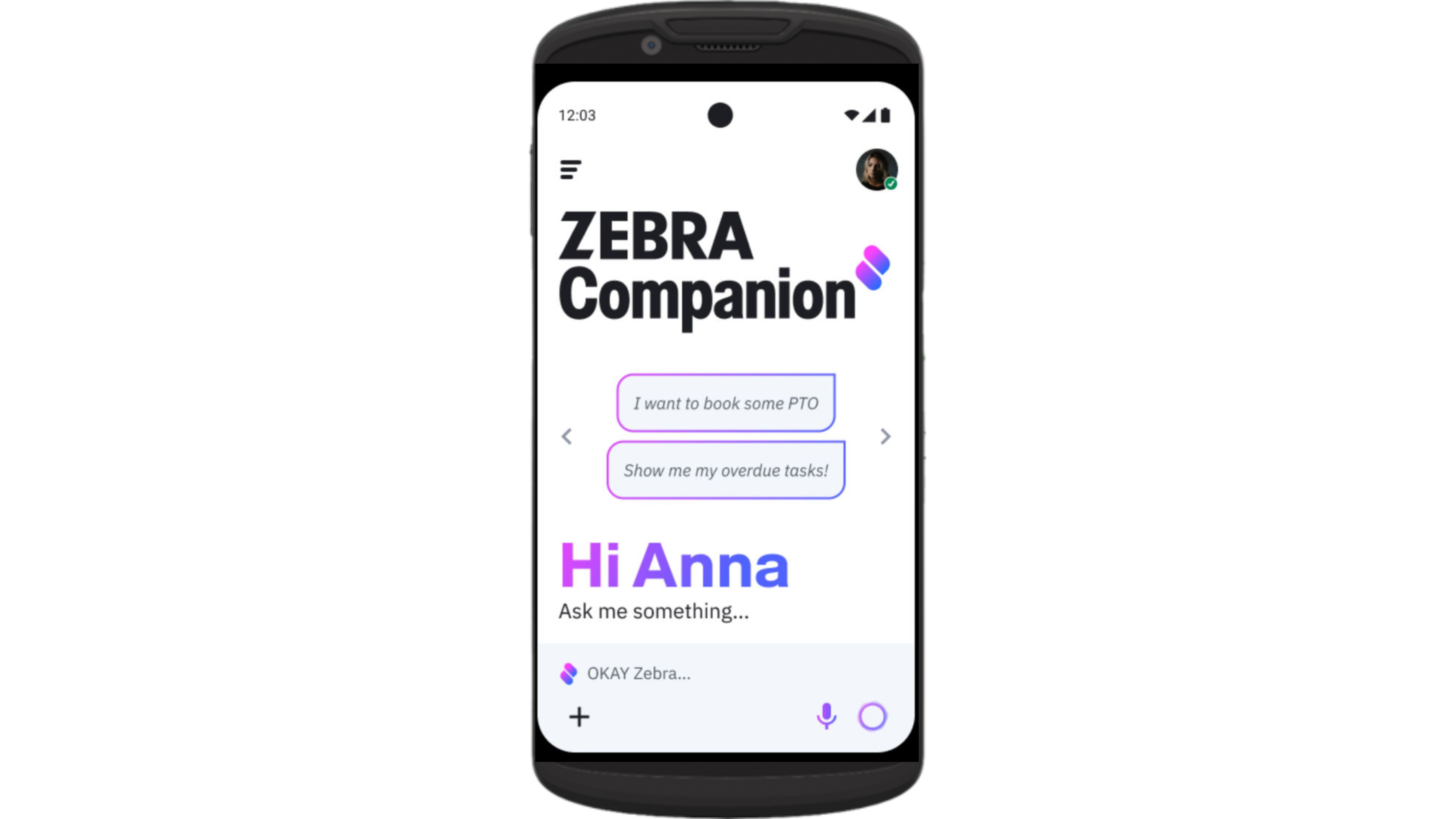 Front of Zebra TC501 handheld mobile computer in black featuring Zebra Companion splash screen