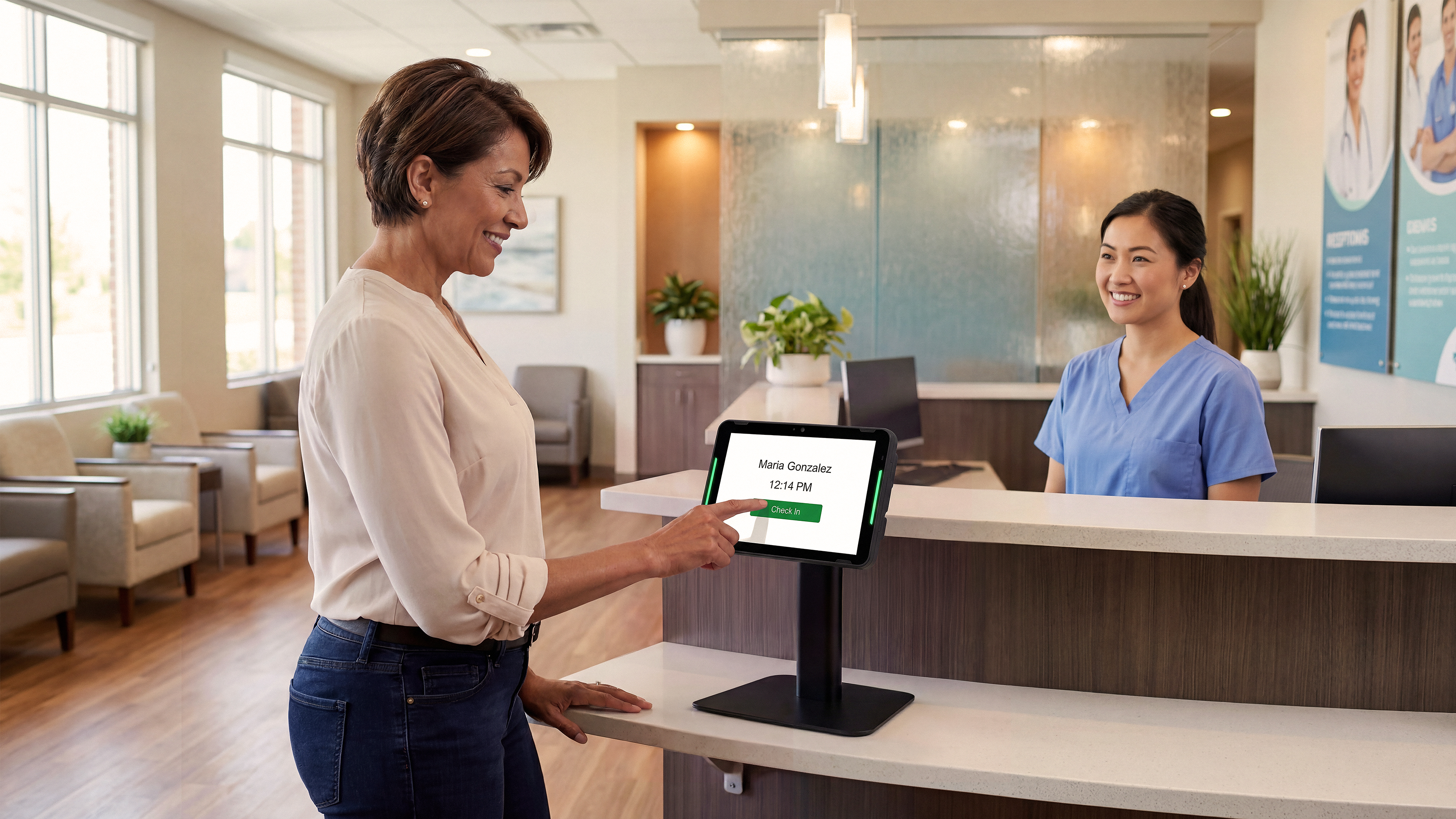 Woman checking in at a healthcare office, using a self-help kiosk screen.