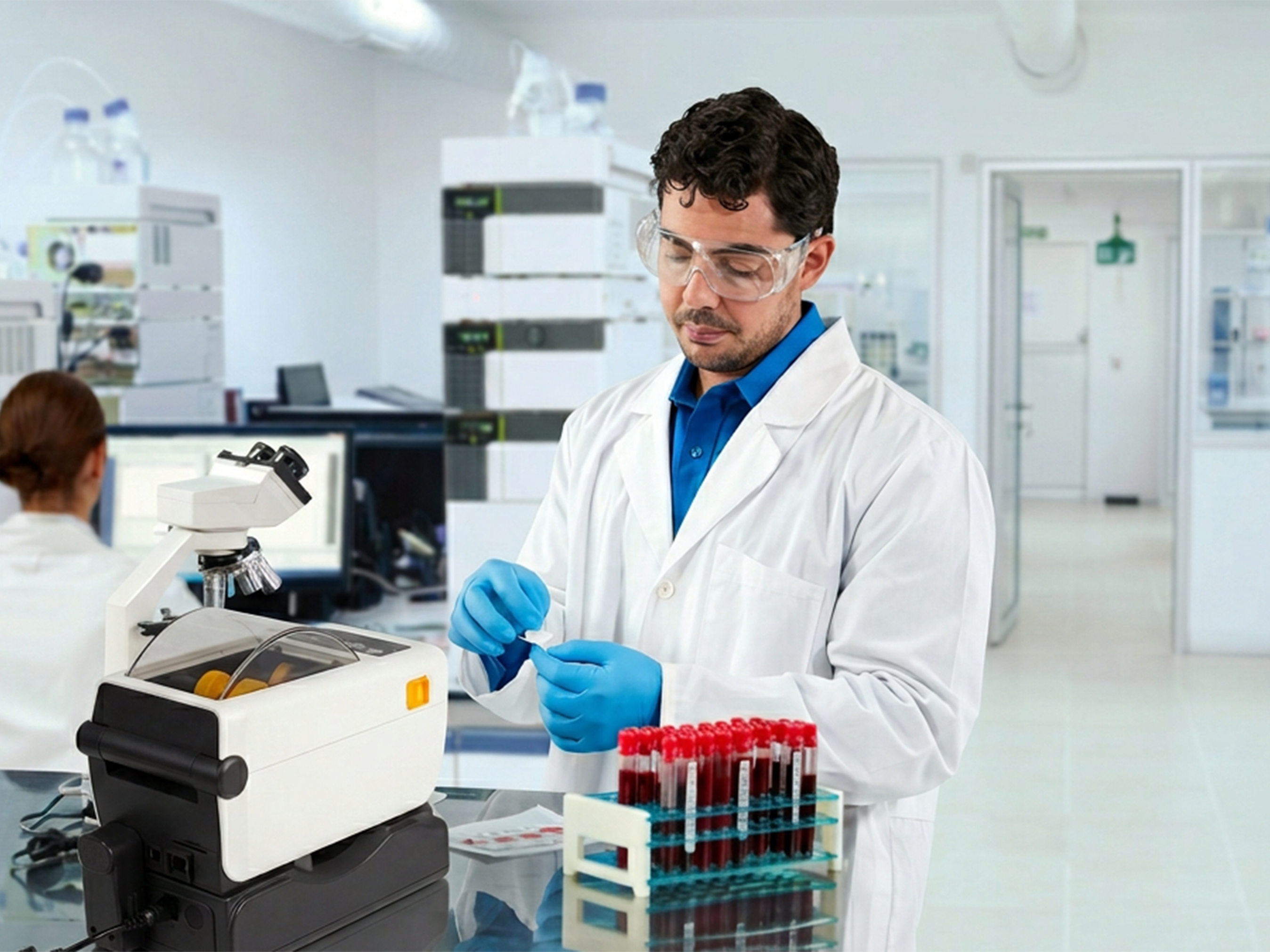 A focused male scientist in a white lab coat and safety glasses meticulously handles a specimen sample at a sterile stainless-steel workbench. In front of him, a Zebra desktop thermal printer sits next to a rack of blood sample test tubes, highlighting the role of reliable labeling technology in ensuring patient safety and workflow accuracy. The bright, high-tech laboratory environment is equipped with advanced scientific instruments, conveying a professional atmosphere of clinical research and diagnostics.