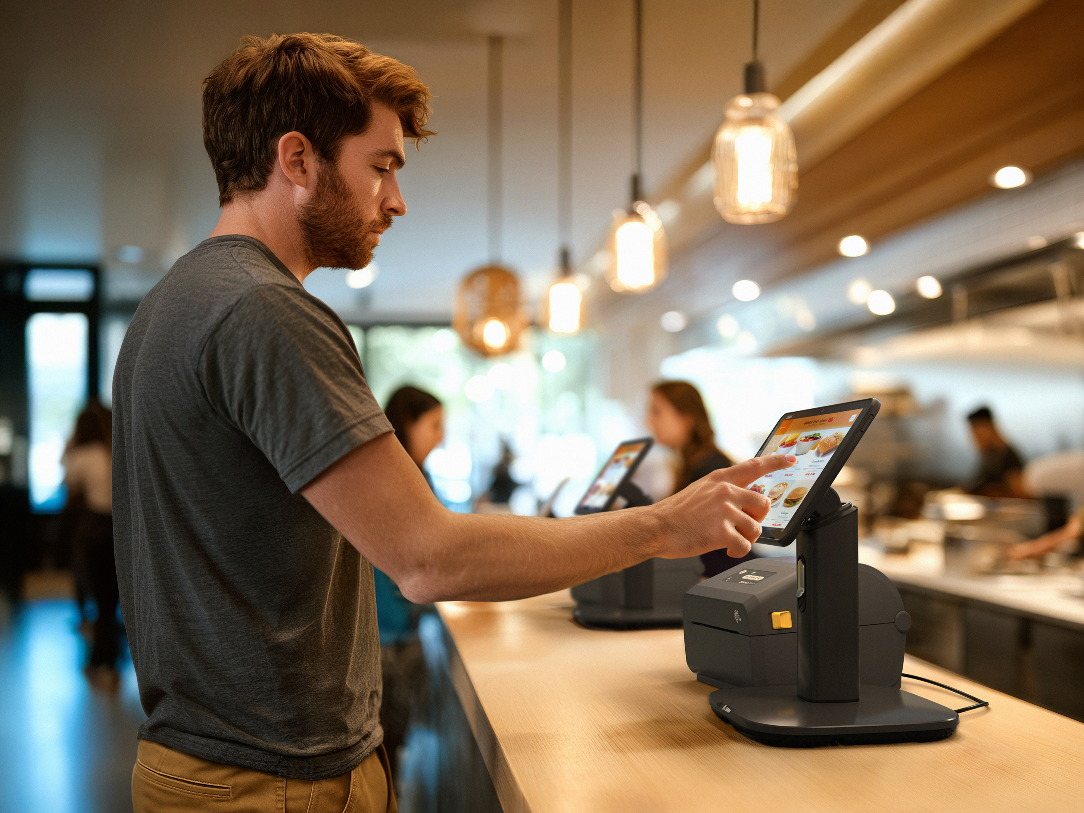 Man selecting food options on a tablet screen at a counter in a quick service restaurant