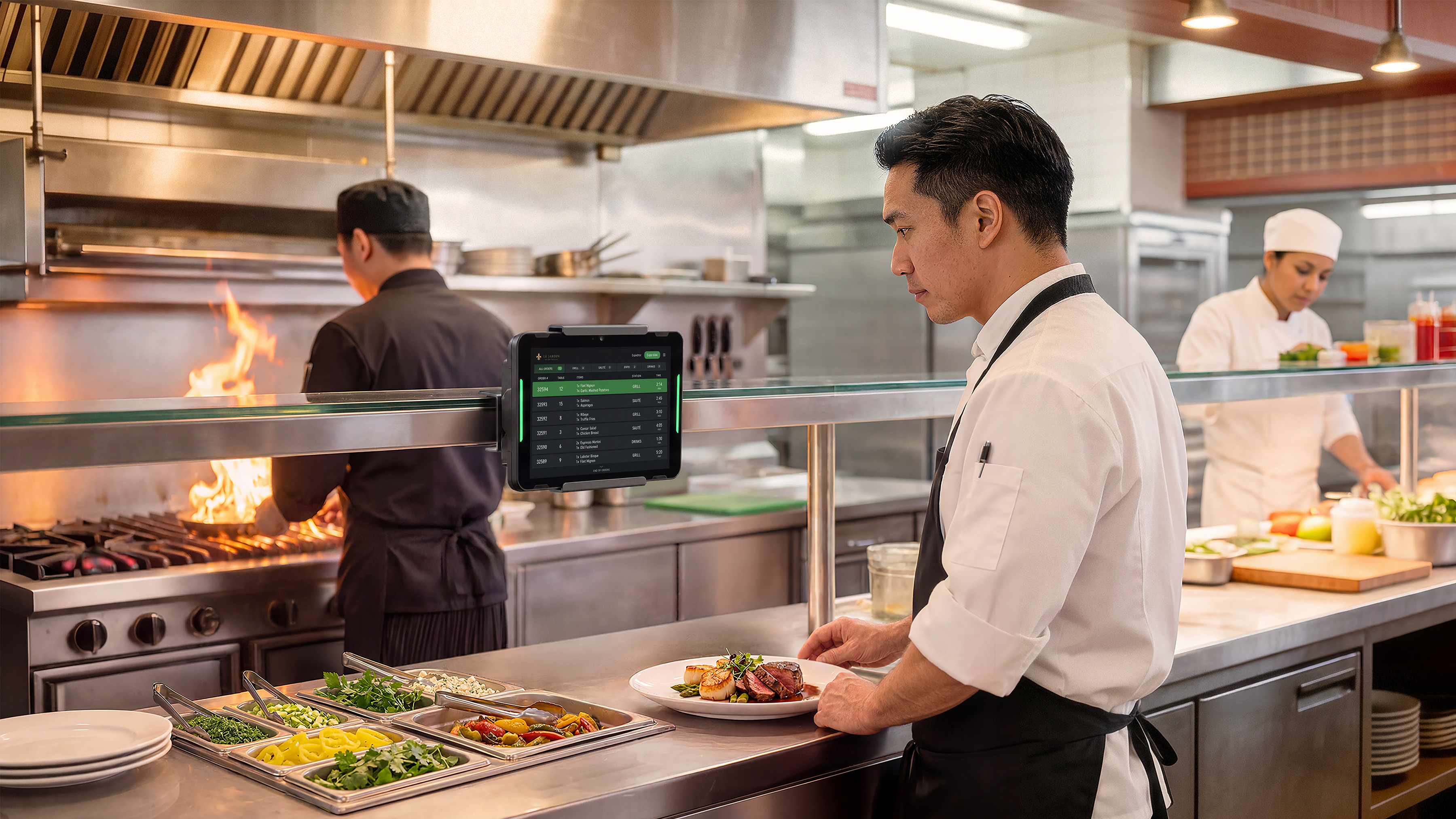 Chef in a commercial kitchen reading orders from a KC401 interactive kiosk sceen.