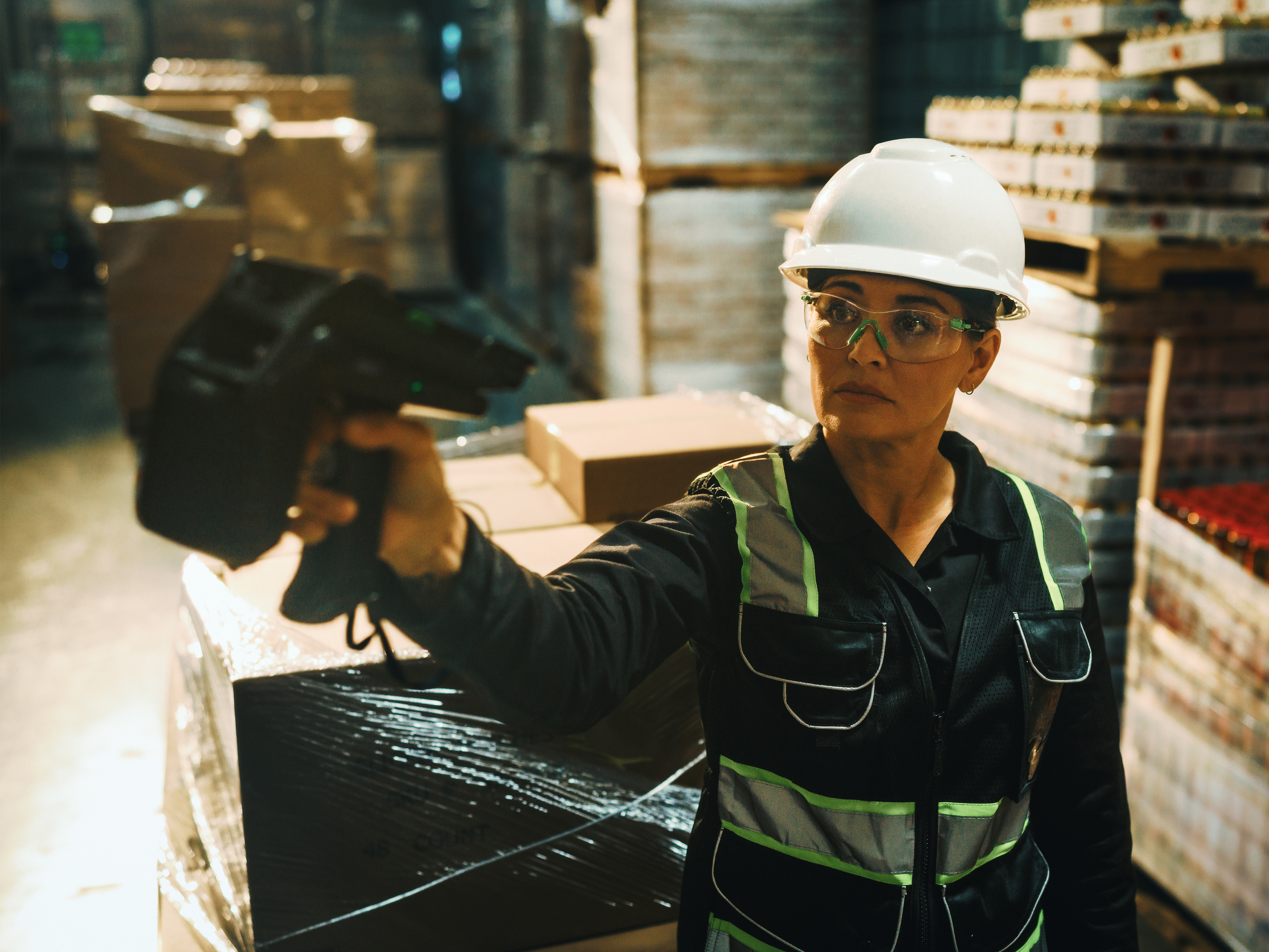 Warehouse worker in a hard hat and safety glasses aims a Zebra RFD40-M RFID reader to scan a pallet of boxes in a warehouse facility.