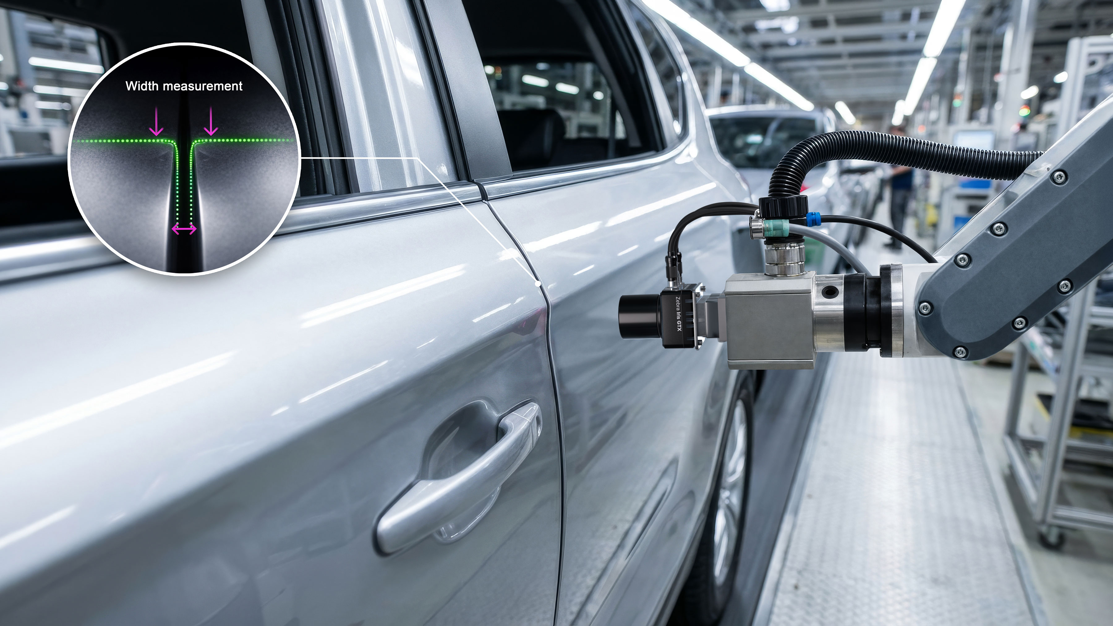 A robotic arm in the manufacturing environment uses an Iris GTX to measure a vehicle's gap and flush. This image was generated with the assistance of AI tools and may not depict real people, places, or events.