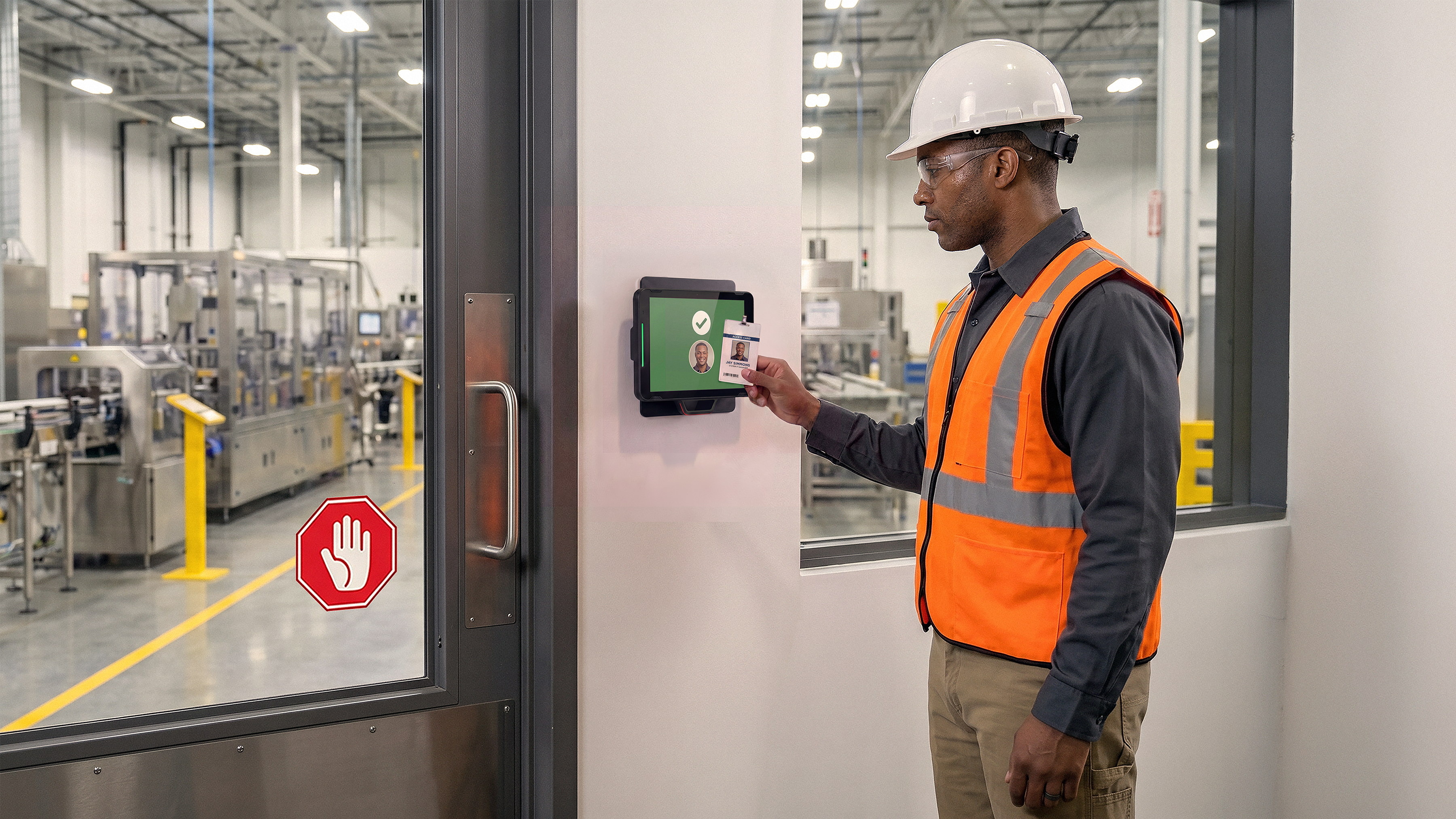 Workman badging into a restricted manufacturing area using his badge at a kiosk screen.