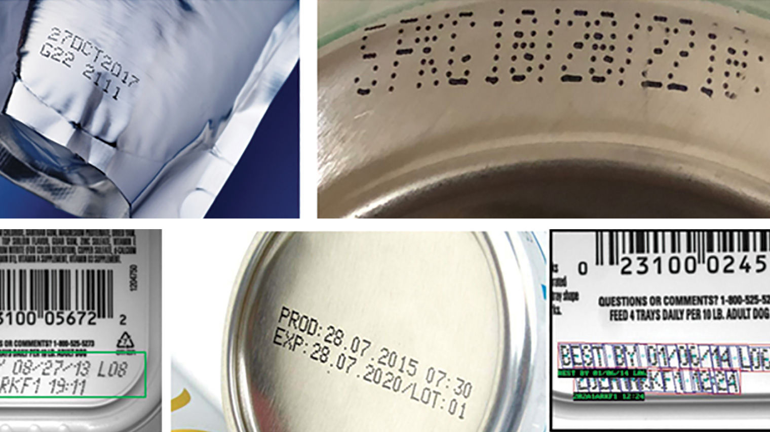 5 examples of printed products which are difficult to scan  using Traditional OCR methods due to reflective surfaces, printing on curved surfaces, and characters that are skewed, distorted, or obscured