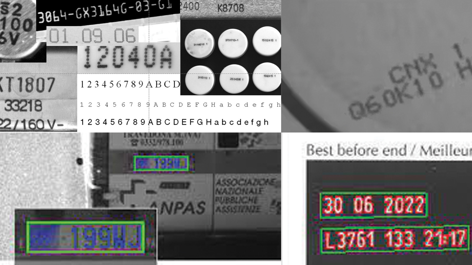Examples of challenging character recognition including complex backgrounds, blurry or damaged characters, distortion, or reflective surfaces that make traditional OCR techniques ineffective. 