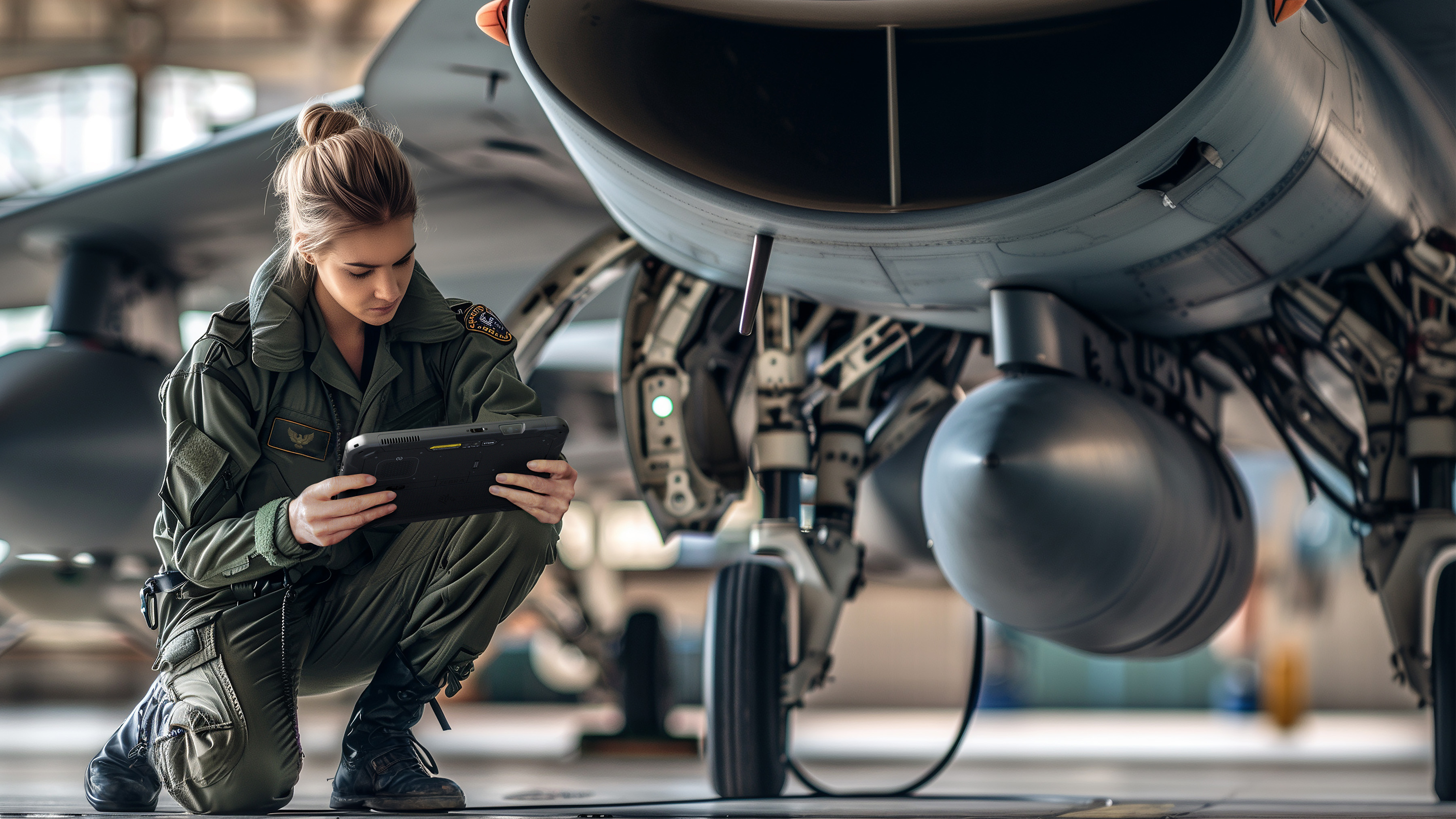 Air Force crew member in flightsuit in front of a military jet reviewing information on an ET6x Series tablet.