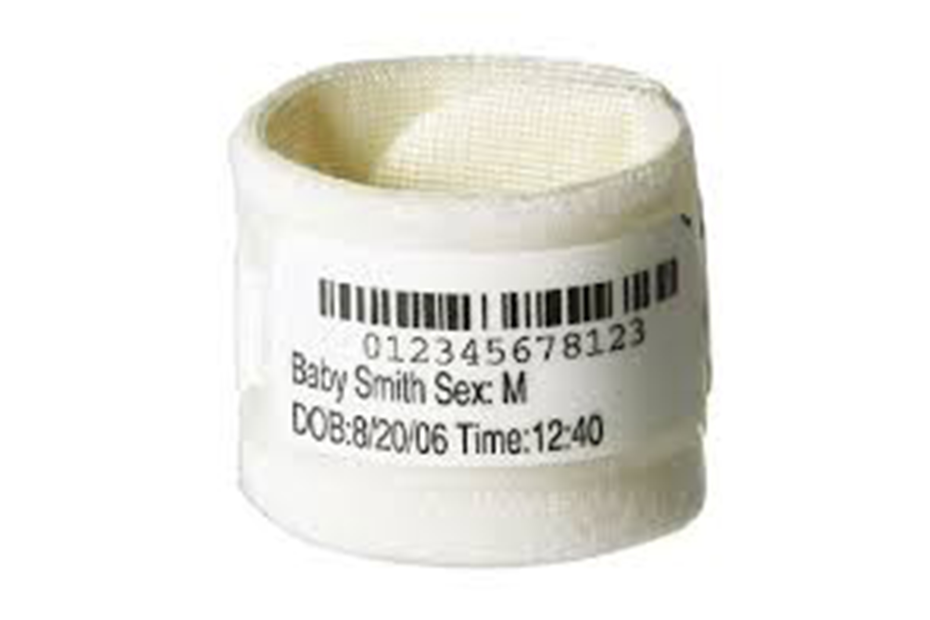 Soft cuff wristband suited for newborn babies with barcode.