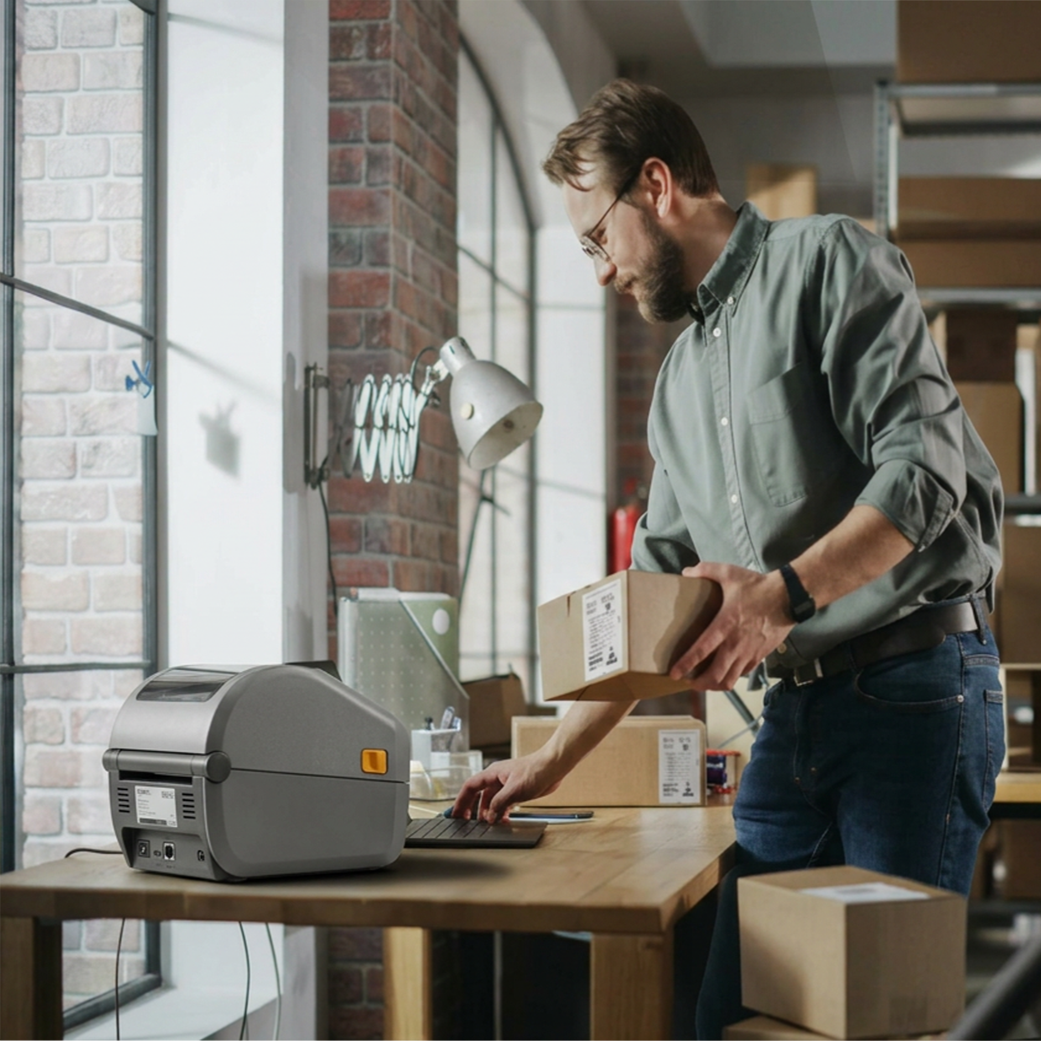 A small business owner works efficiently at a packing station, using a high-performance Zebra ZD621 desktop printer to generate a shipping label for a package. The scene, set in a modern stockroom with a colleague in the background, illustrates how Zebra's reliable printing technology is essential for accurate, fast-paced e-commerce fulfillment and logistics operations.