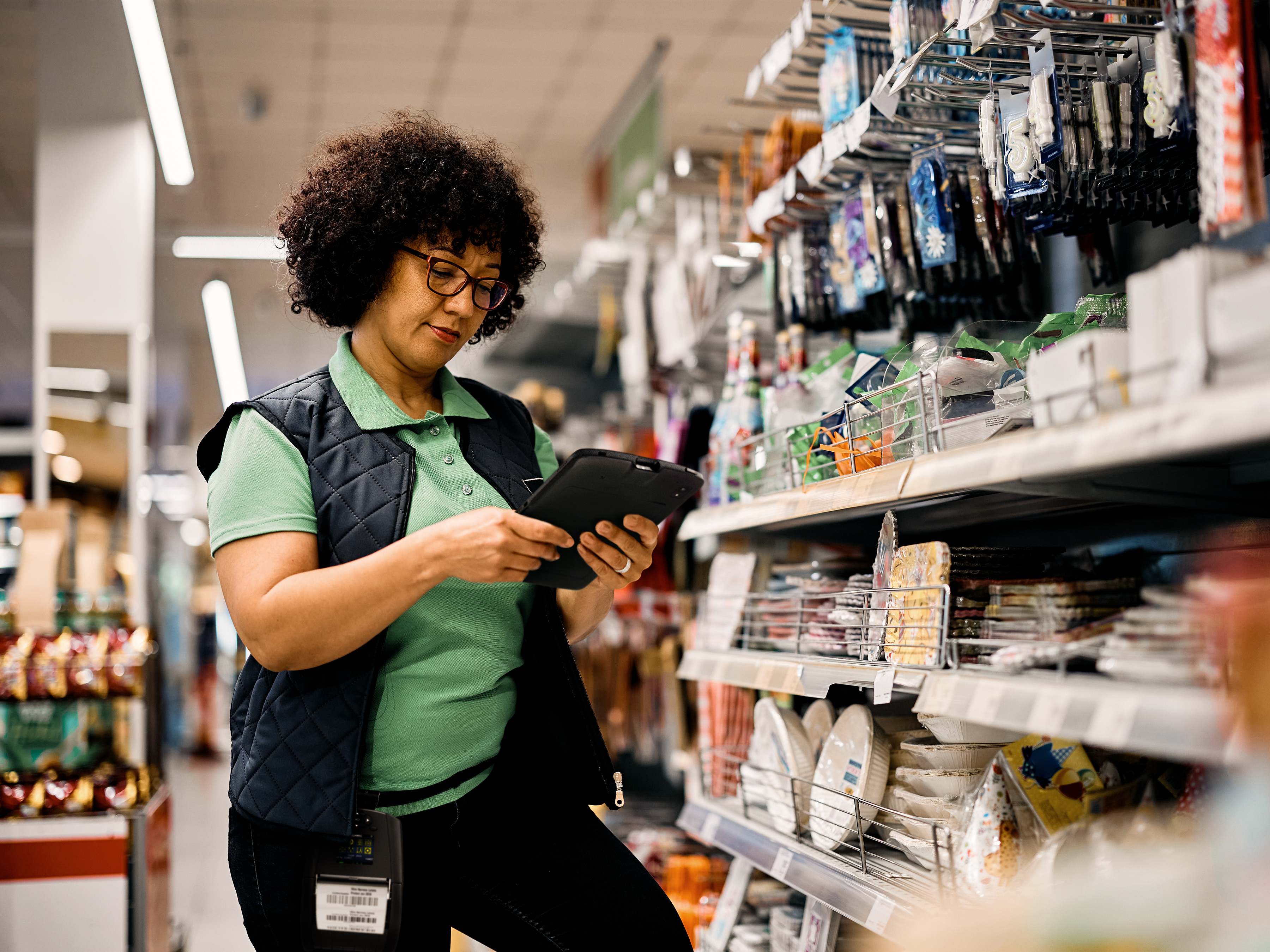 A front-of-house employee reviewing a tablet inside an aisle in a retail store.