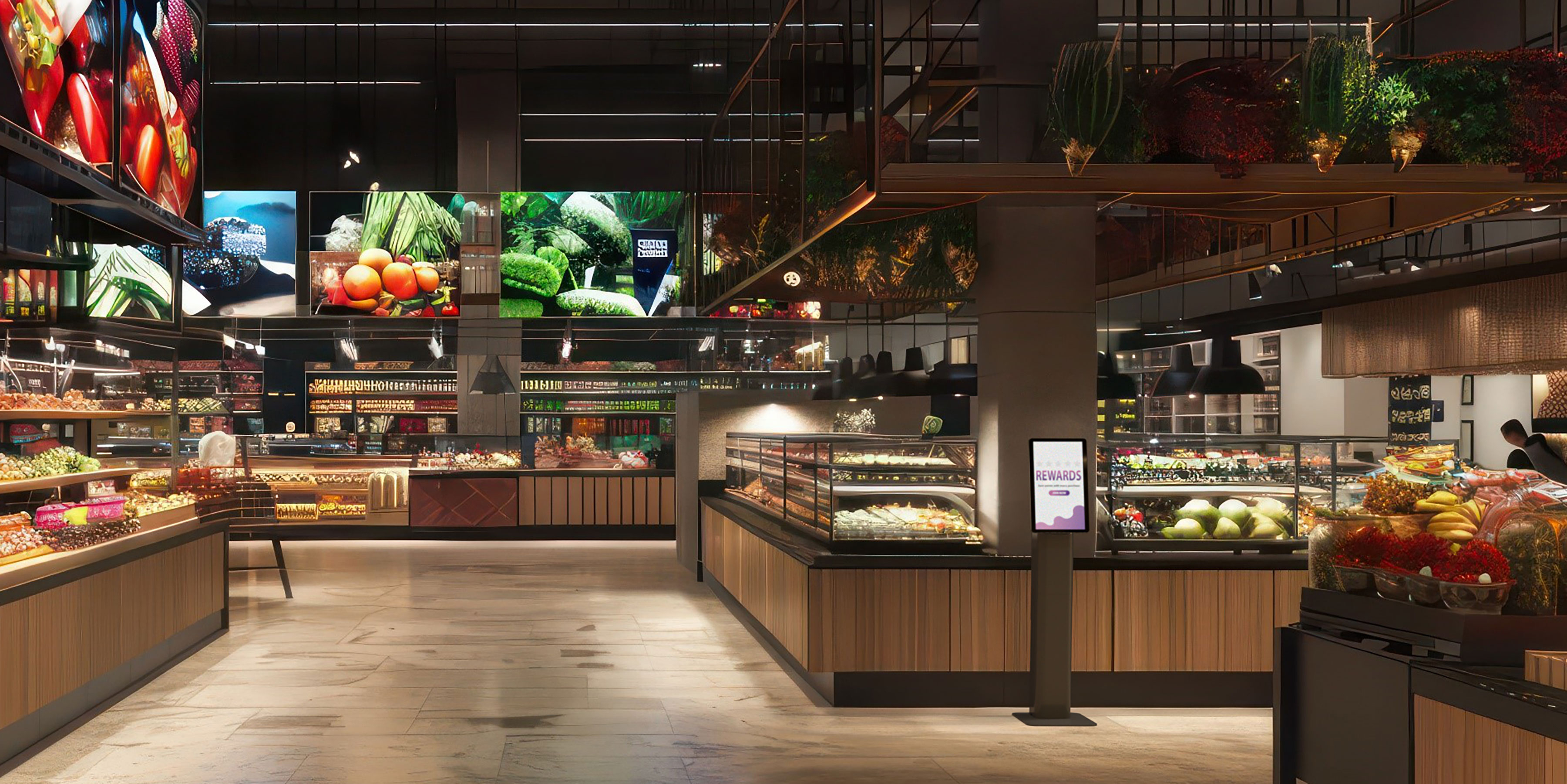 The interior of a spacious, upscale supermarket or food hall, featuring fresh produce aisles and deli counters. A freestanding Zebra interactive kiosk is placed prominently in the aisle, with its screen displaying a customer "Rewards" program, serving as a key touchpoint for shopper loyalty and in-store digital engagement.