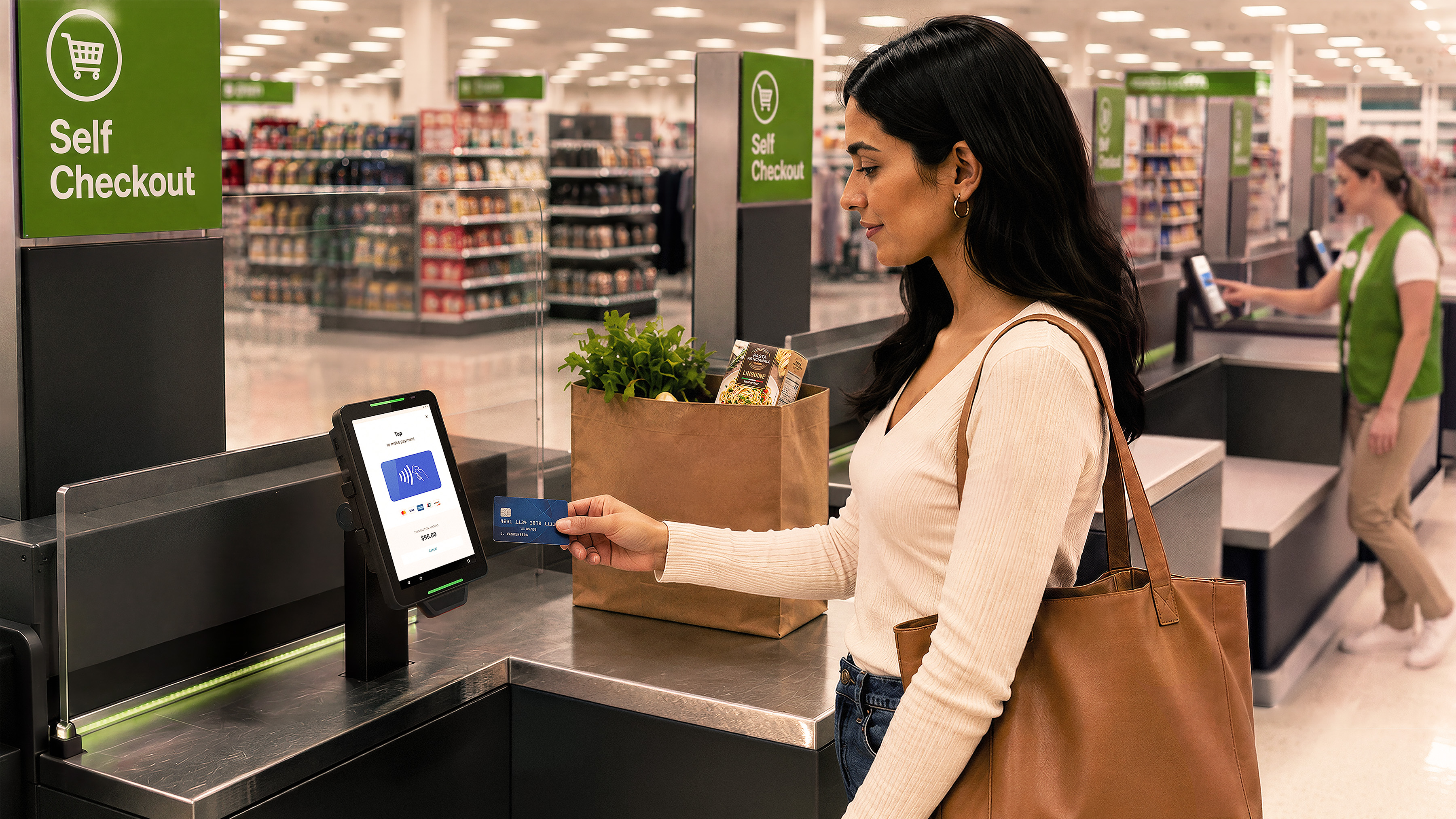 Woman at a store checkout using a card to pay for her order on a KC401 interactive kiosk screen.