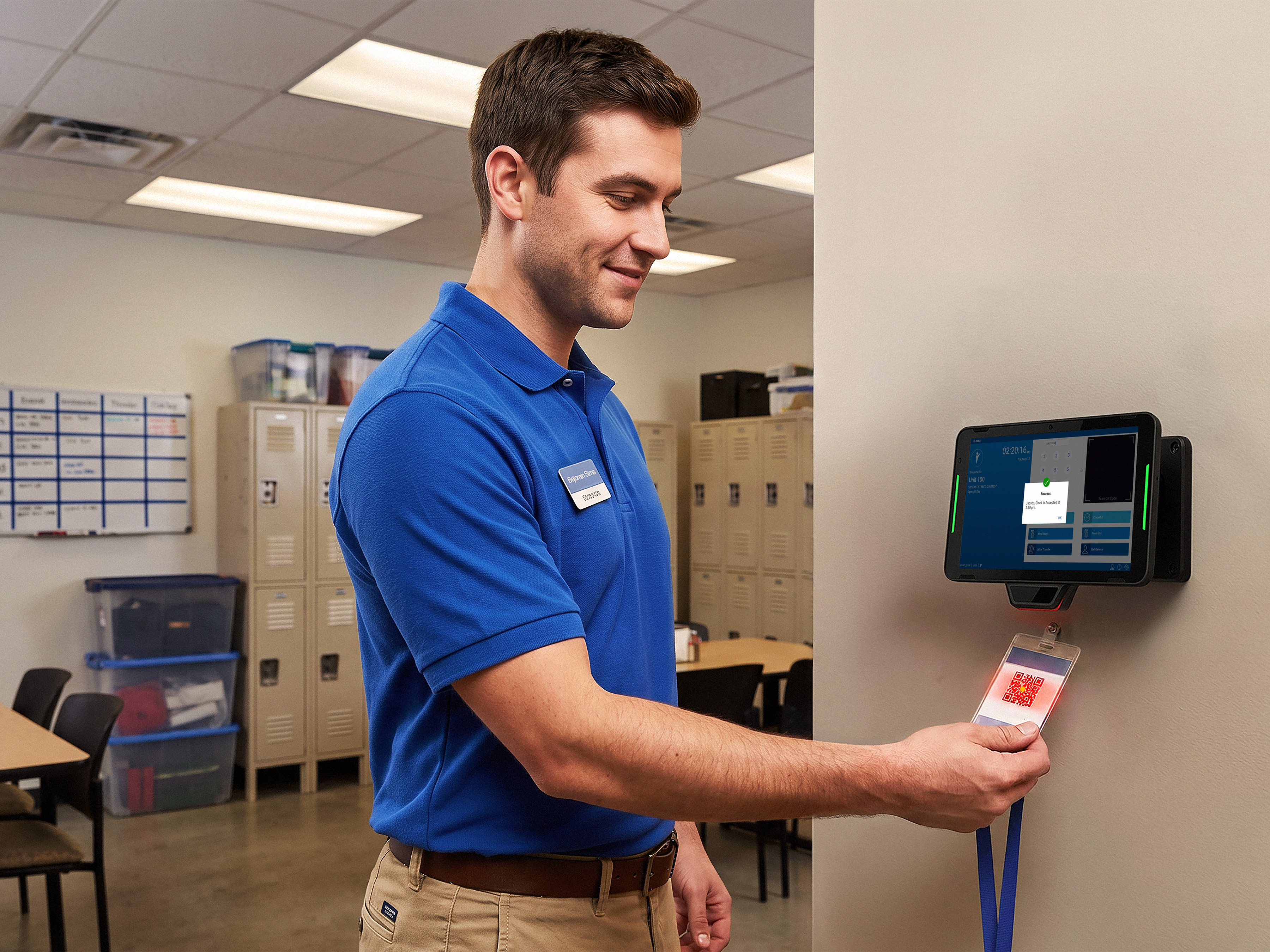 Employee in lounge clocking into work using an ID badge and a KC401 interactive kiosk. 