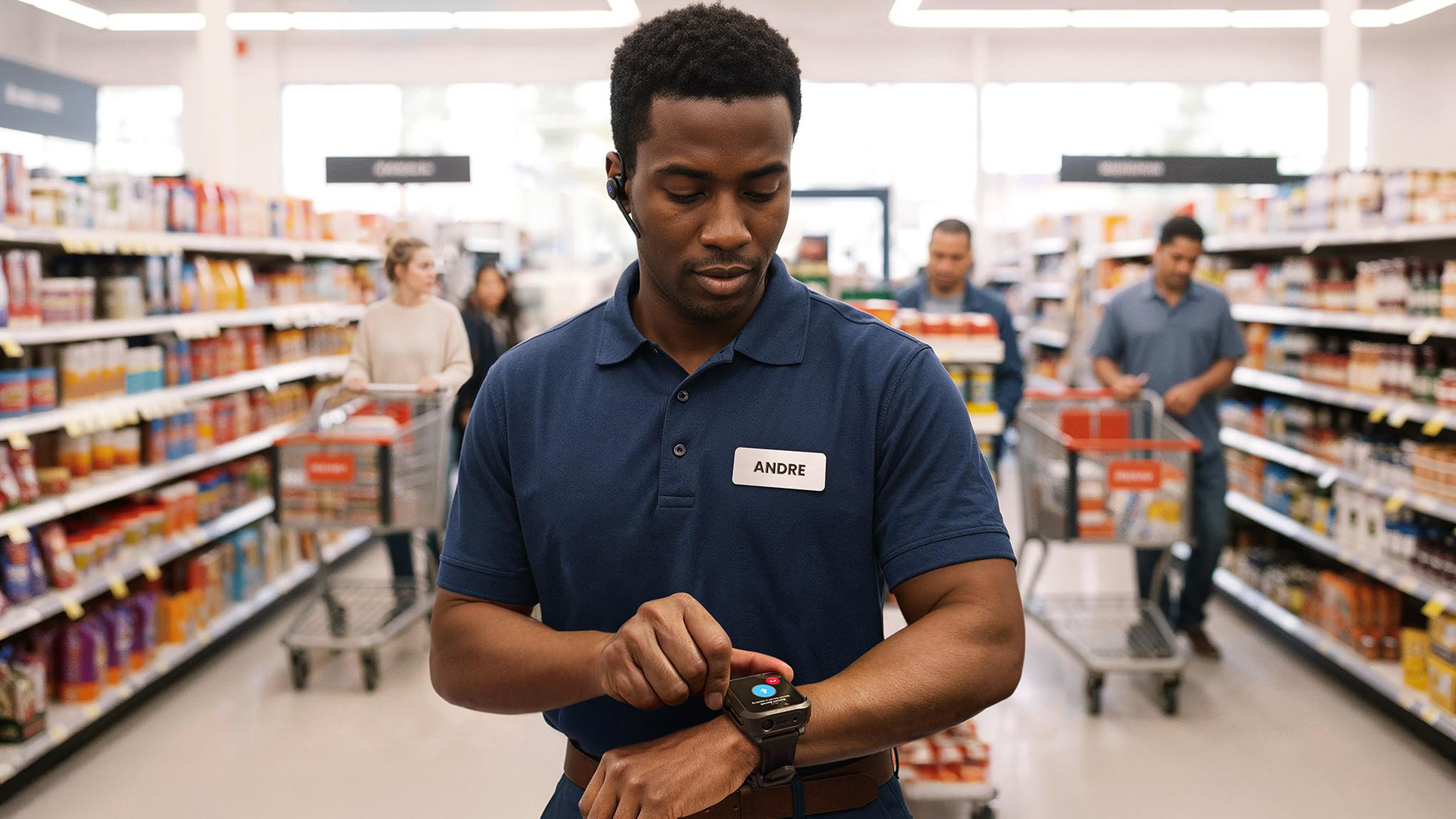 A retail grocery store employee uses a Zebra WS301 wrist wearable  on a grocery aisle to receive a call
